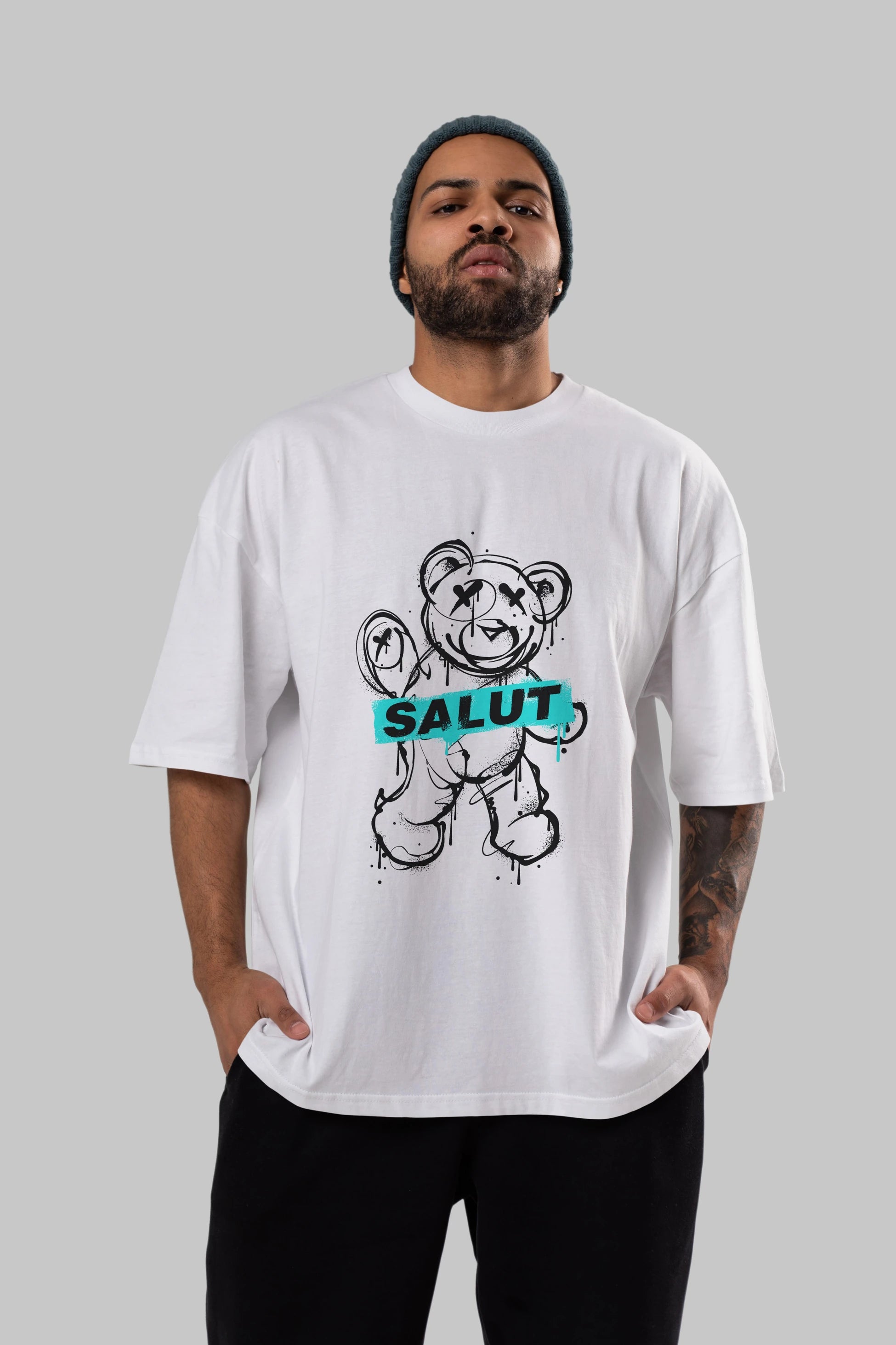 Teddy Bear Salut Ön Baskılı Oversize t-shirt Erkek Kadın Unisex