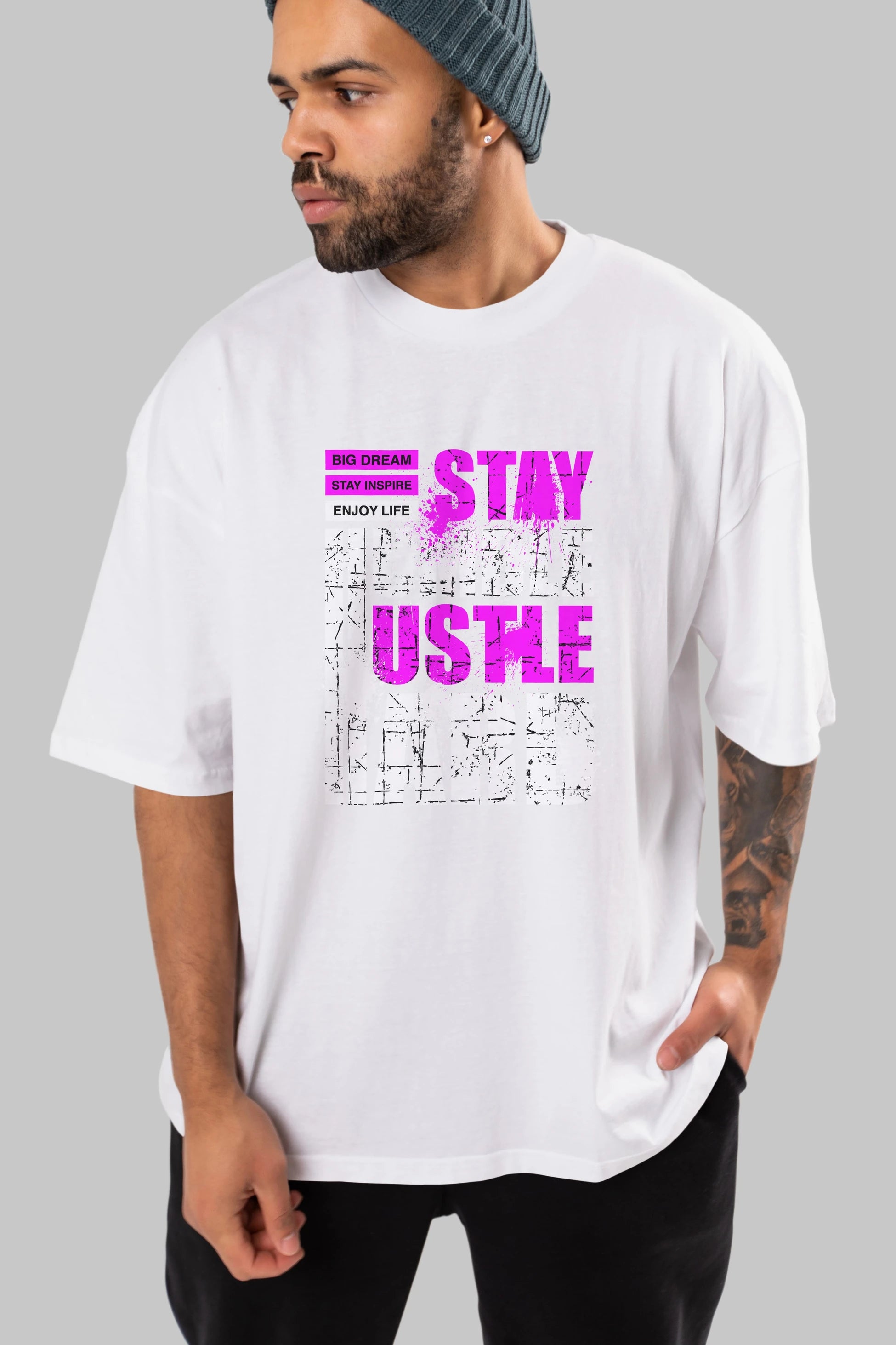 Stay Hustle Ön Baskılı Oversize t-shirt Erkek Kadın Unisex
