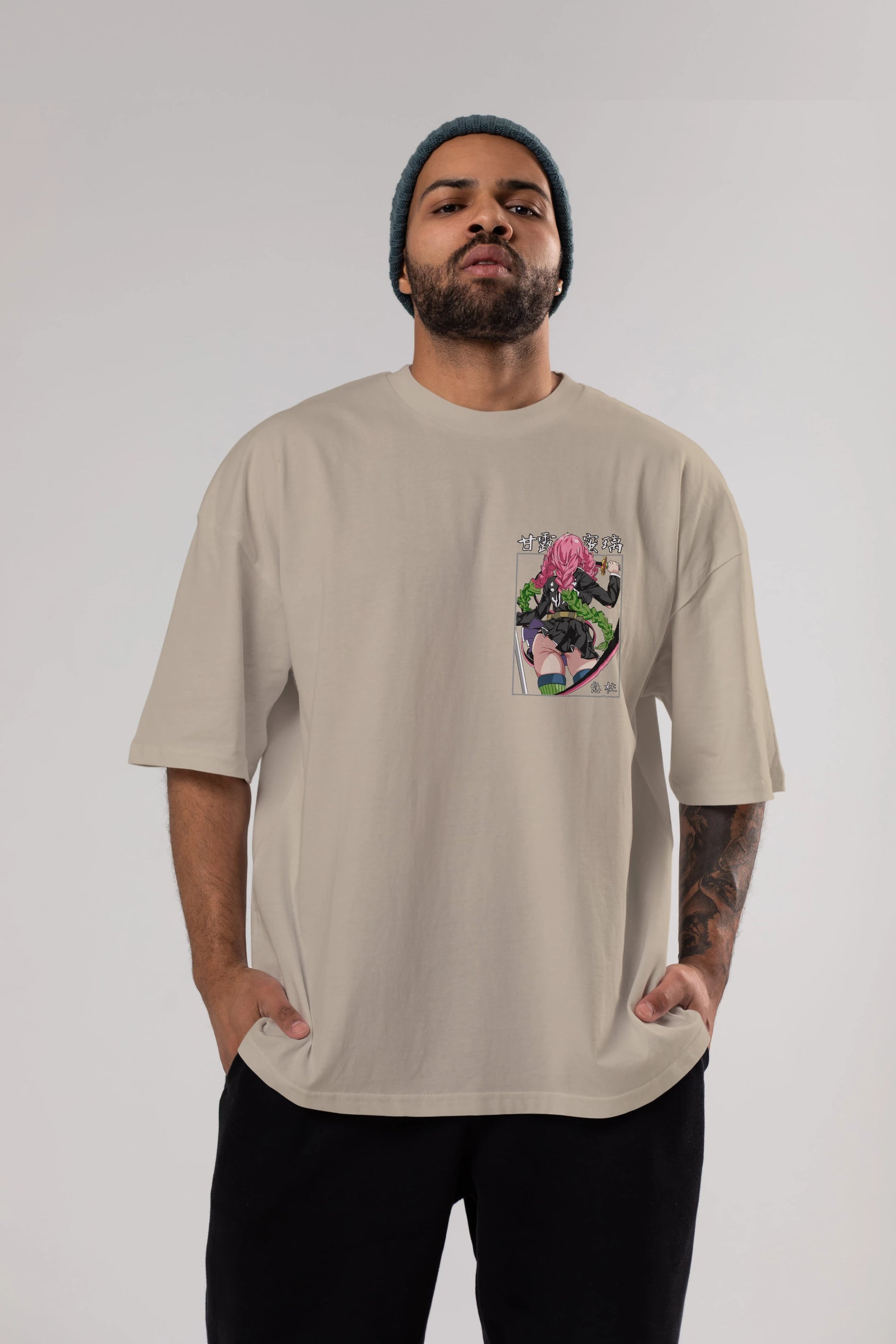 Mitsuri DEMONSLAYER Ön Sol Baskılı Oversize t-shirt Erkek Kadın Unisex %100 Pamuk Bisiklet Yaka tişort
