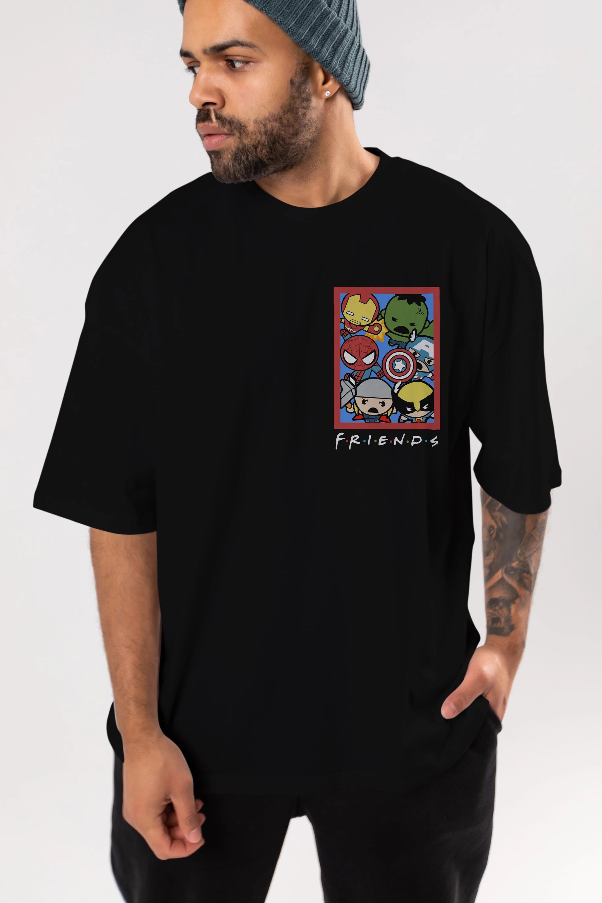 Friends Avenger Ön Sol Baskılı Oversize t-shirt Erkek Kadın Unisex %100 Pamuk Bisiklet Yaka tişort
