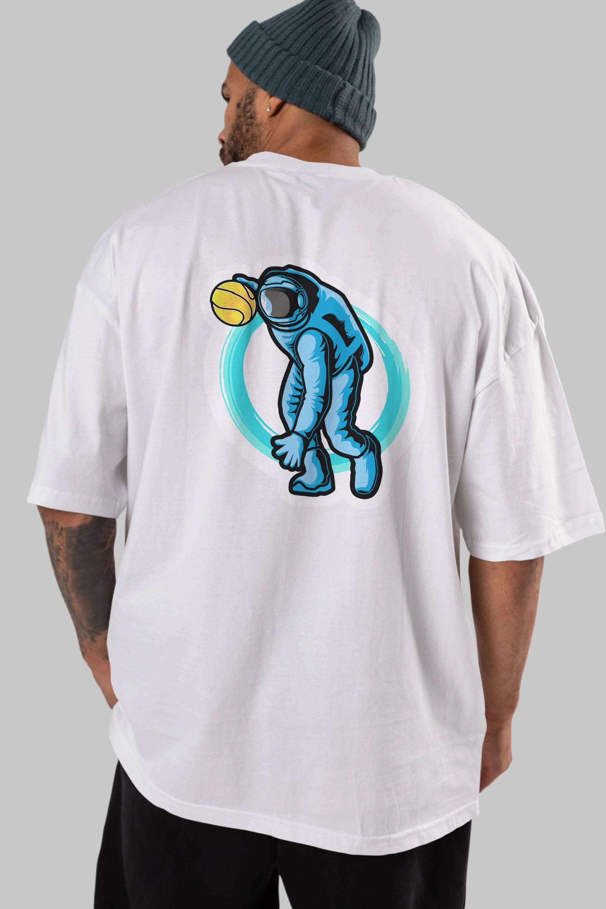 Astronaut Dribble Sticker Arka Baskılı Oversize t-shirt Erkek Kadın Unisex