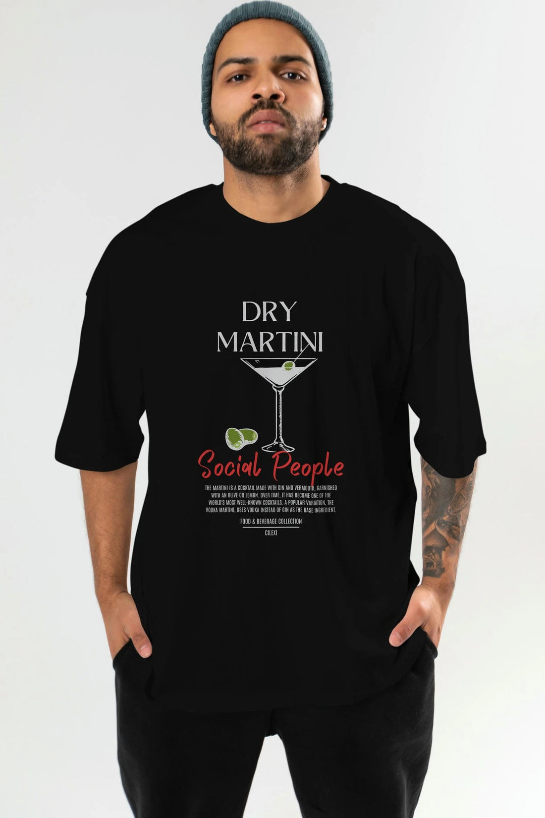 Dry Martını Kokteyl Serisi ön Baskılı Oversize t-shirt Erkek Kadın %100 Pamuk Bisiklet Yaka tişort