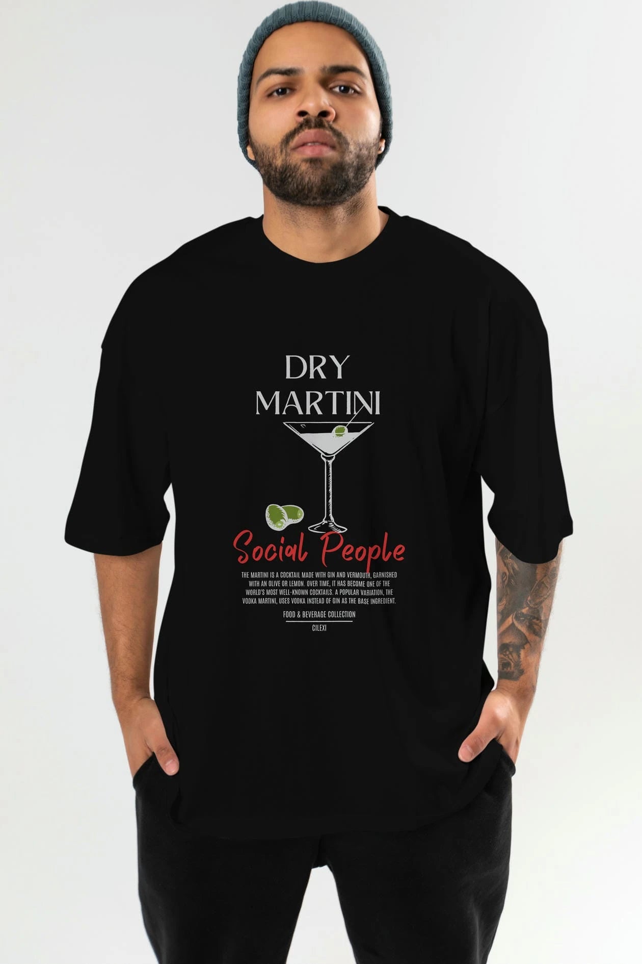 Dry Martını Kokteyl Serisi ön Baskılı Oversize t-shirt Erkek Kadın %100 Pamuk Bisiklet Yaka tişort