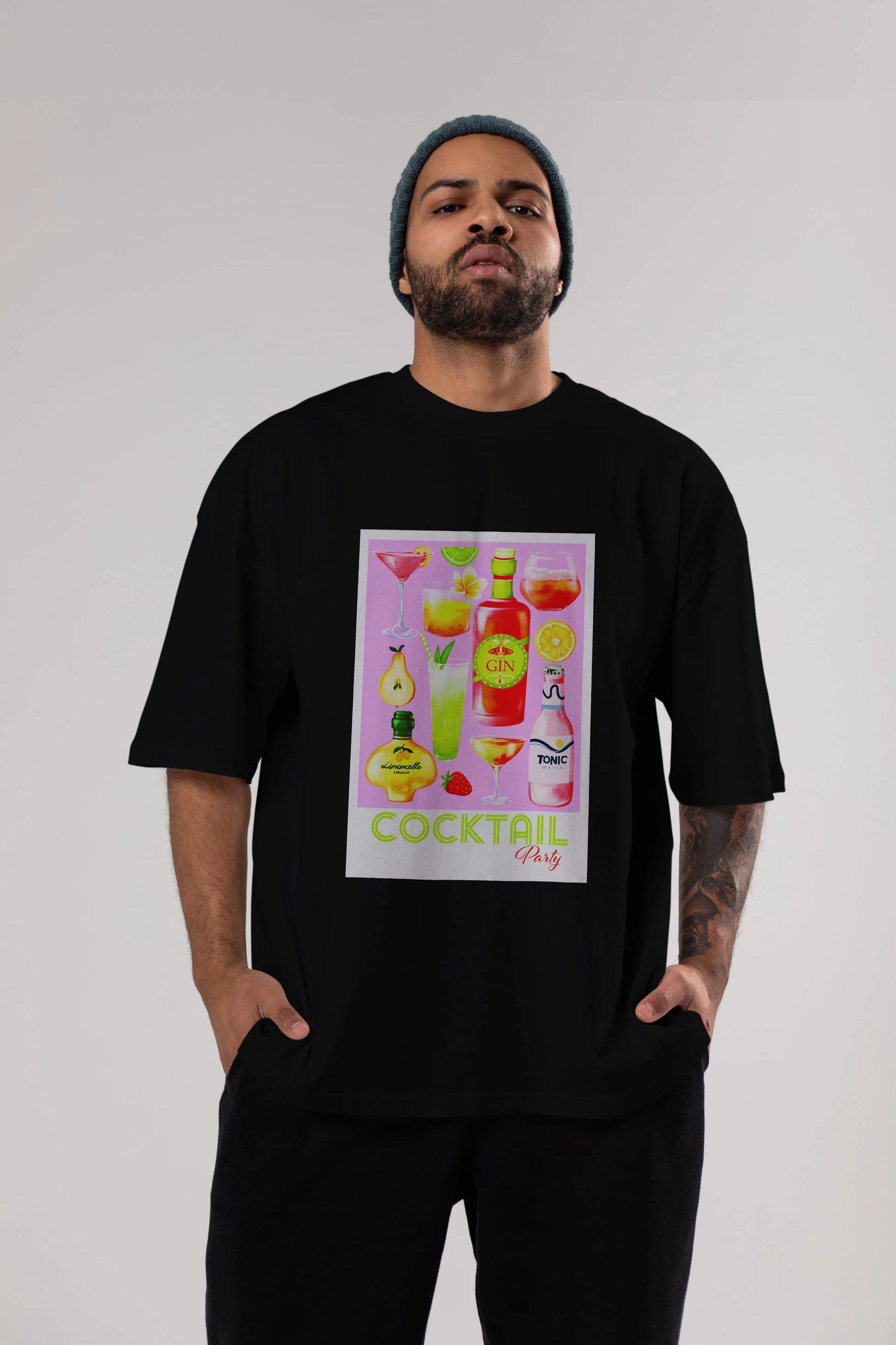 Cocktail Party Ön Baskılı Oversize t-shirt Erkek Kadın Unisex %100 Pamuk Bisiklet Yaka tişort