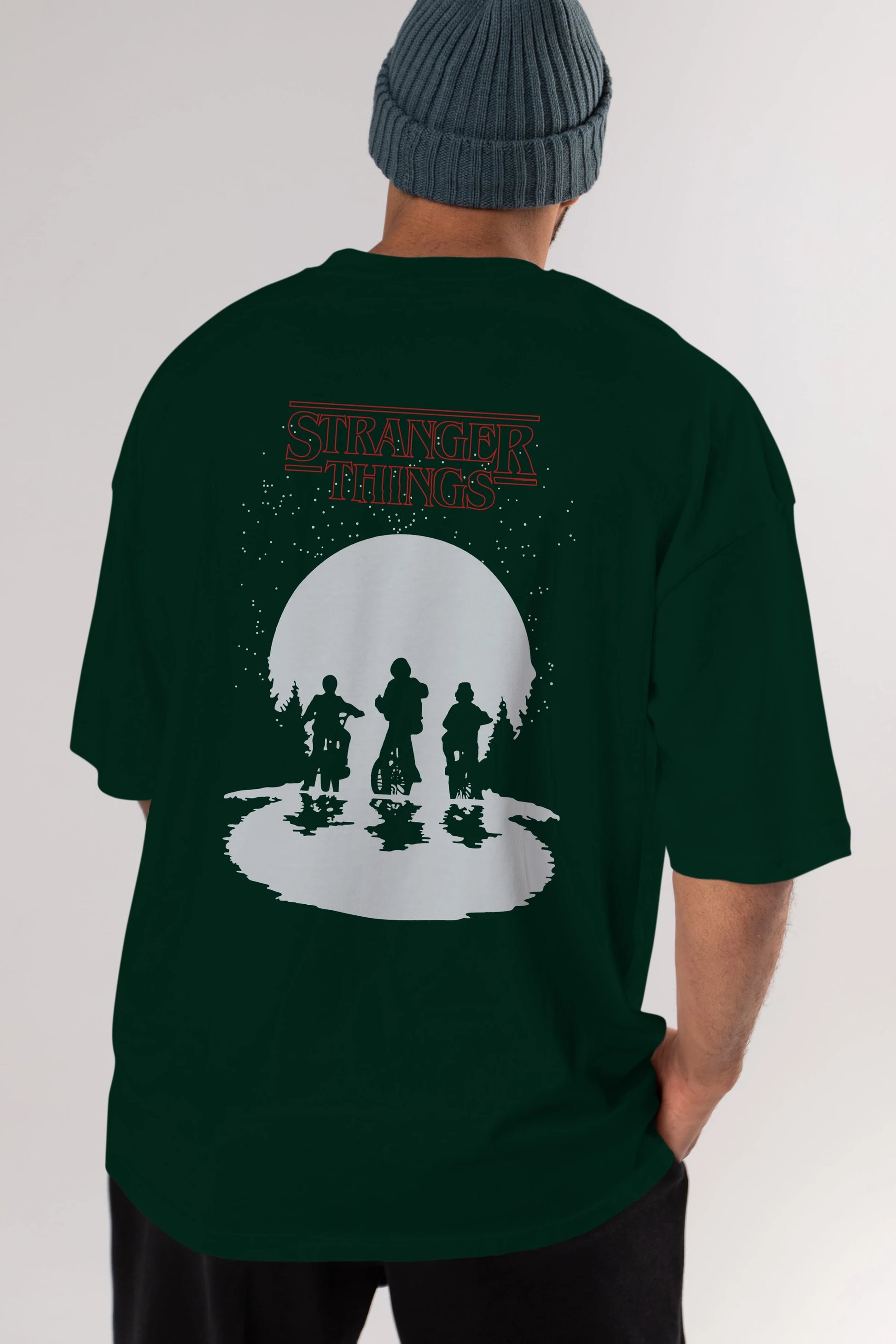 Stranger Things Arka Baskılı Oversize t-shirt Erkek Kadın Unisex %100 Pamuk Bisiklet Yaka tişort