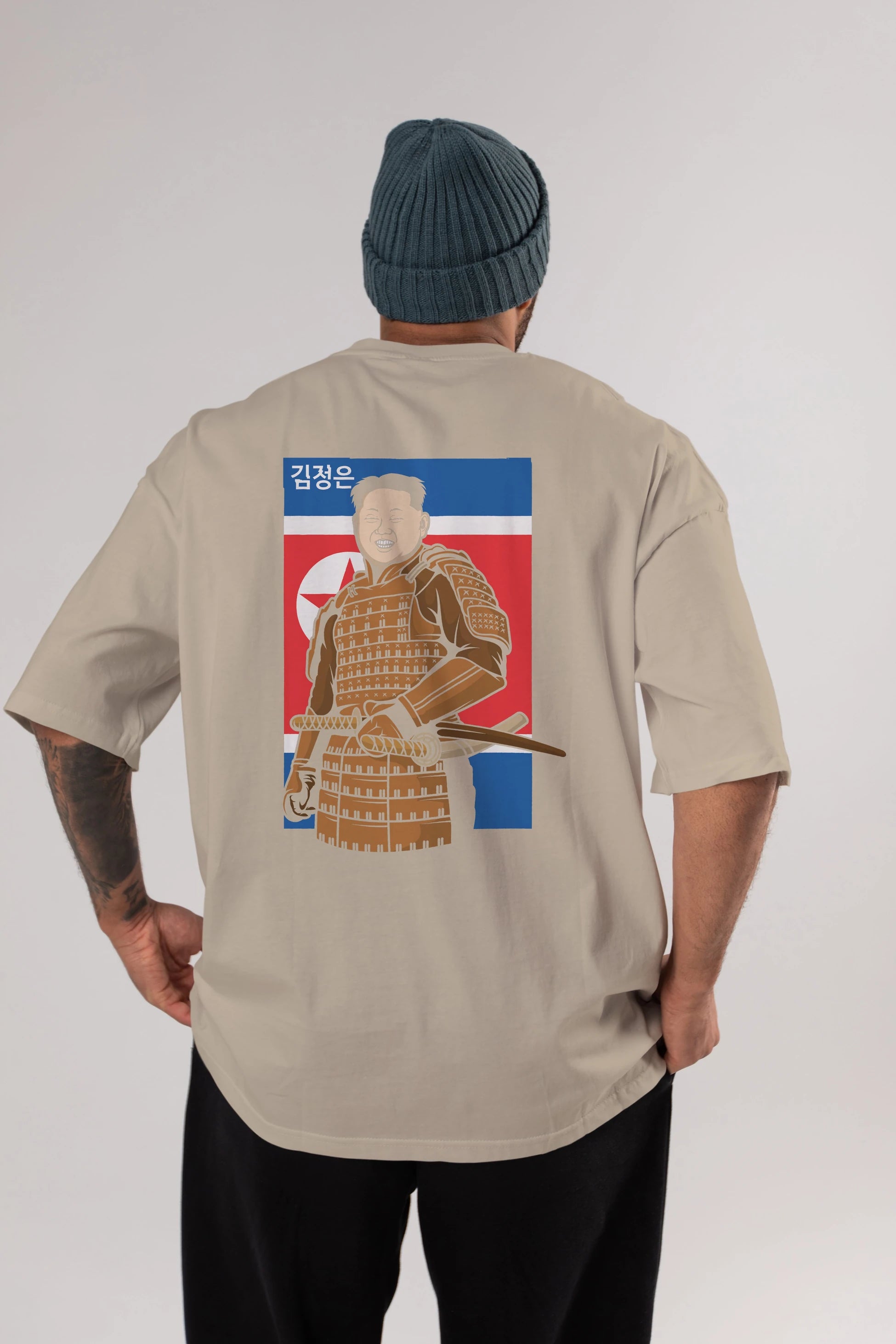 Samurai Jong Un Arka Baskılı Oversize t-shirt Erkek Kadın Unisex %100 Pamuk tişort