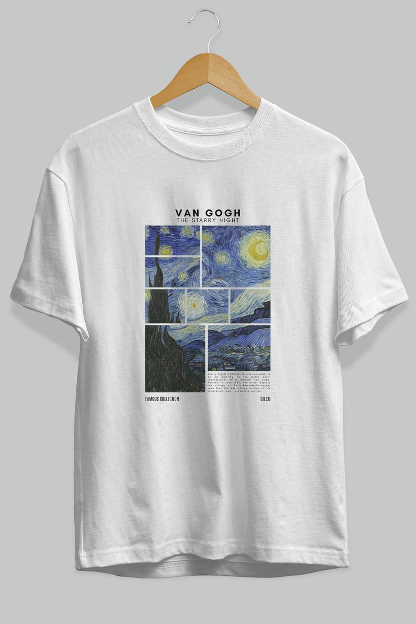 Van Gogh The Starry Night ön Baskılı Oversize t-shirt Erkek Kadın Bisiklet Yaka Pamuk tişort