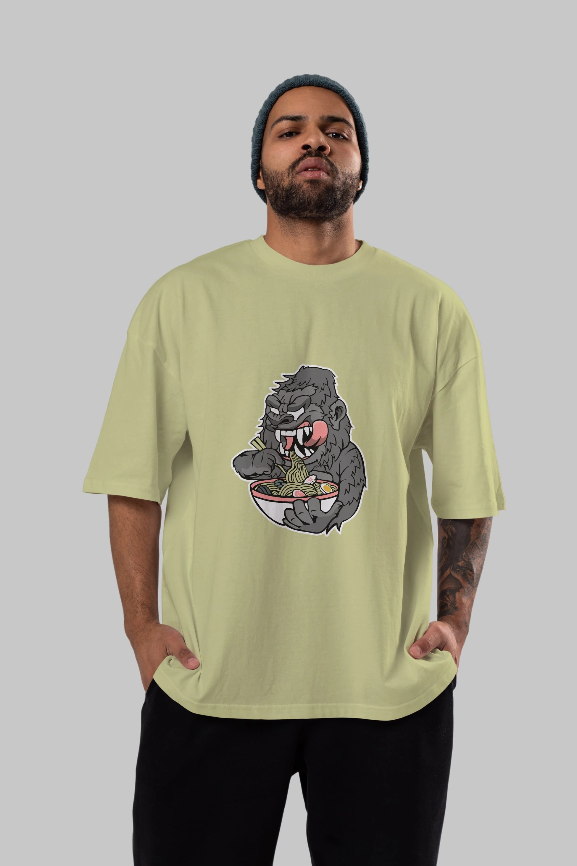 Big Gorilla Ramen Ön Baskılı Oversize t-shirt Erkek Kadın Unisex %100 Pamuk tişort