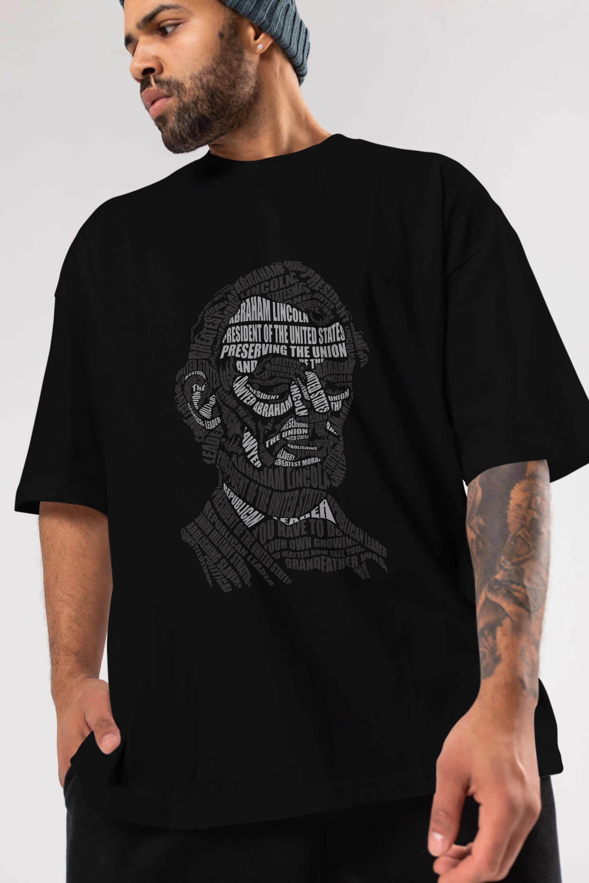 Abraham Lincoln Calligram Ön Baskılı Oversize t-shirt %100 pamuk Erkek Kadın Unisex