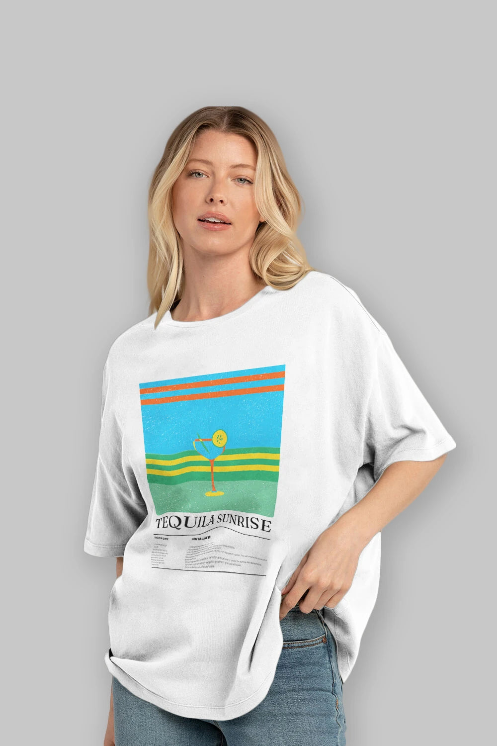 Tequila Sunrise Kokteyl Ön Baskılı Oversize t-shirt Erkek Kadın %100 Pamuk Bisiklet Yaka tişort