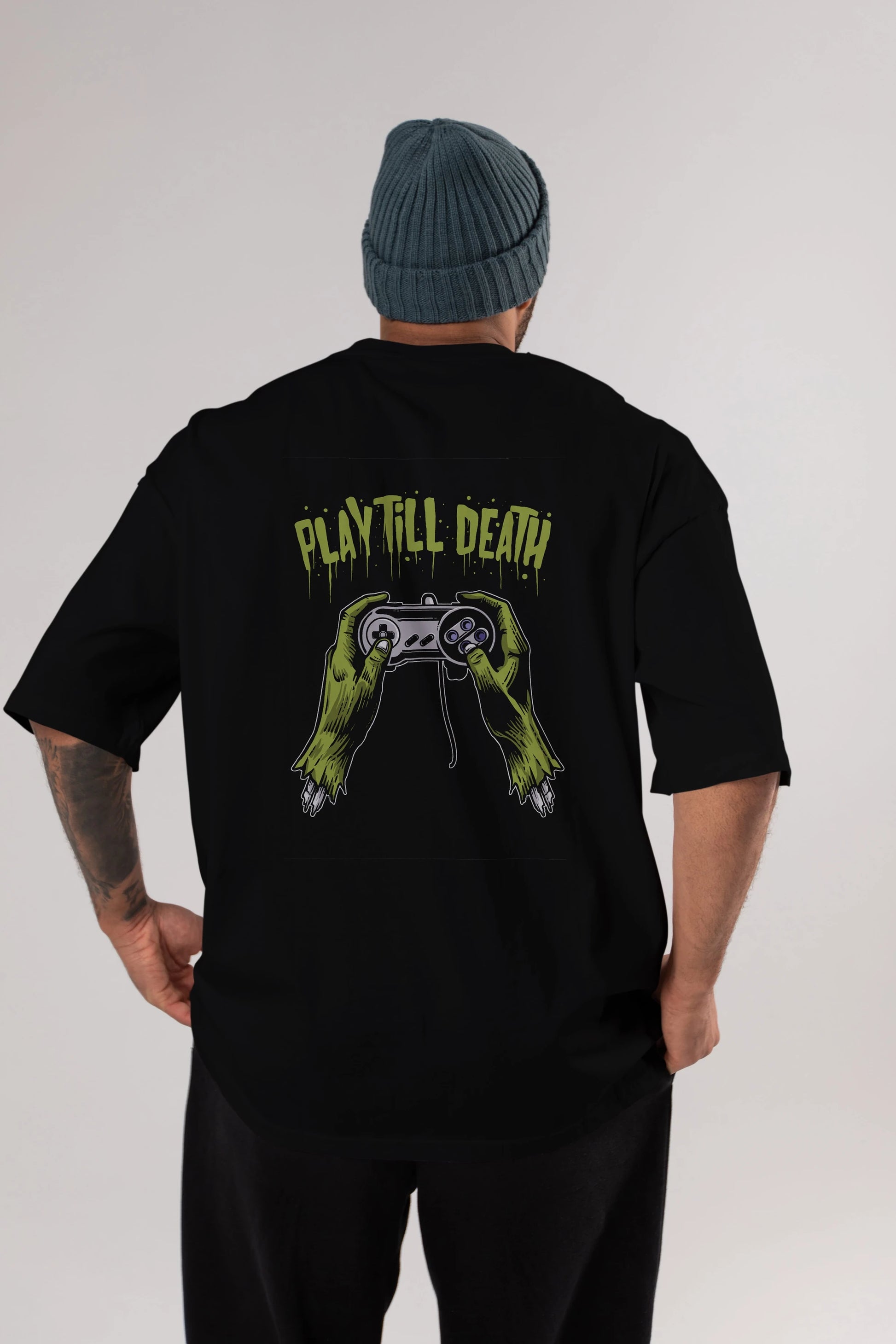 Play Till Death Arka Baskılı Oversize t-shirt Erkek Kadın Unisex %100 Pamuk