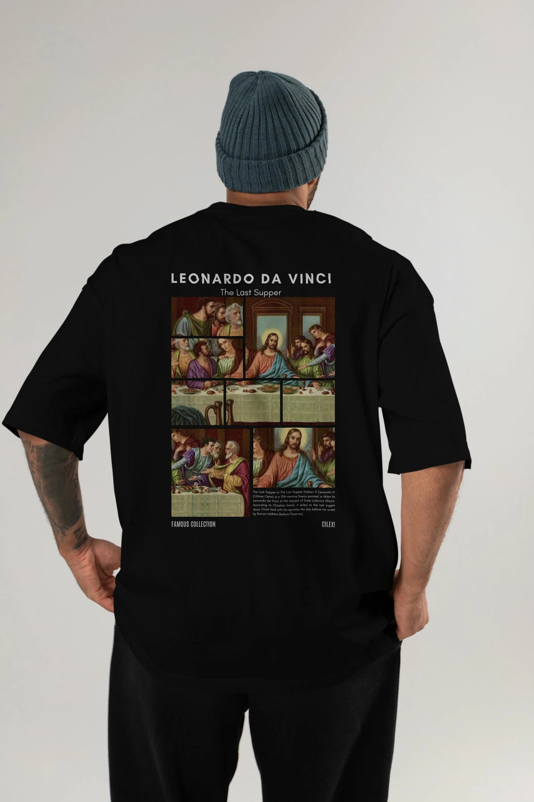 Leonardo Da Vinci Arka Baskılı Oversize t-shirt Erkek Kadın Bisiklet Yaka Pamuk tişort