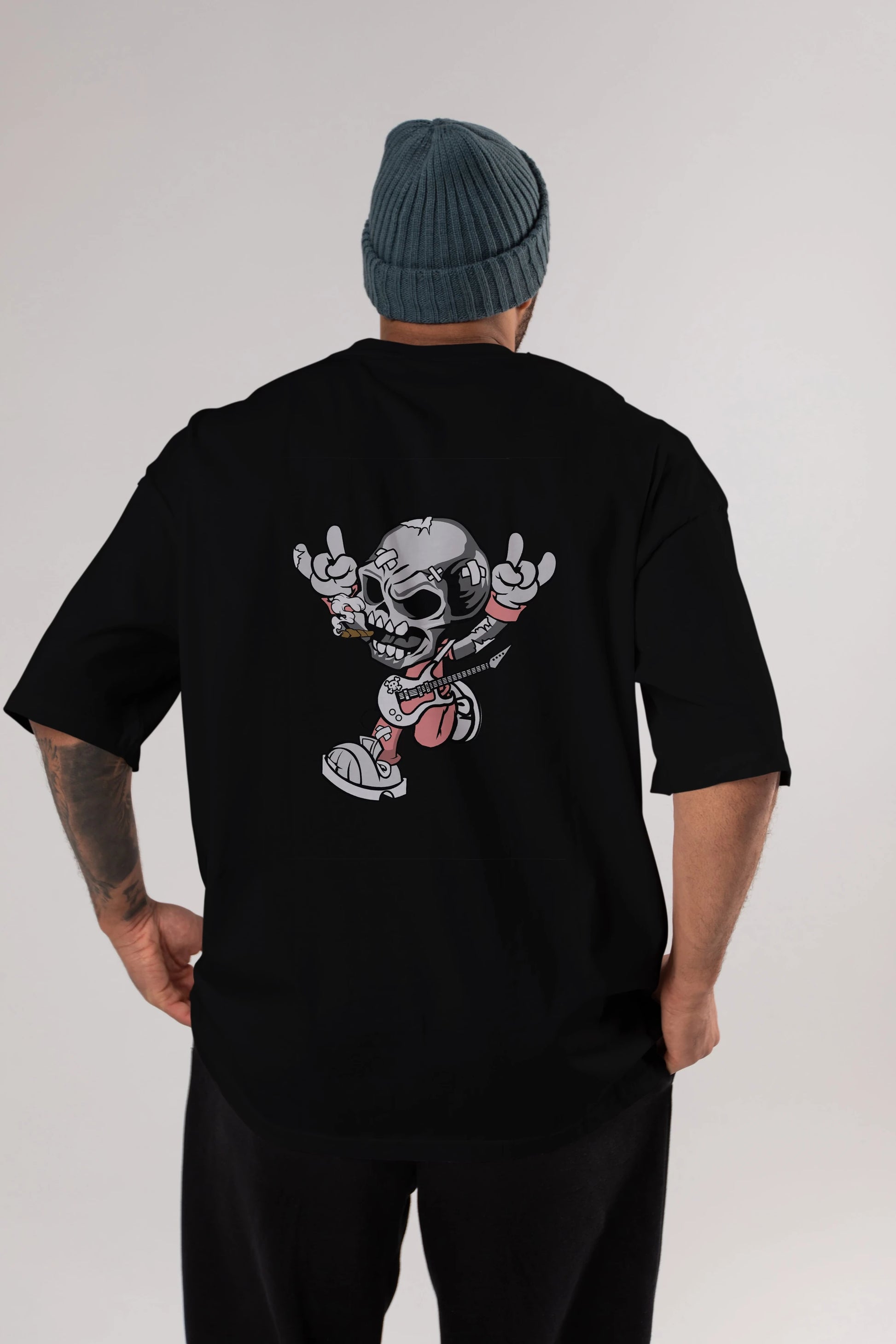 Skull Metal Sign Arka Baskılı Oversize t-shirt Erkek Kadın Unisex %100 Pamuk tişort