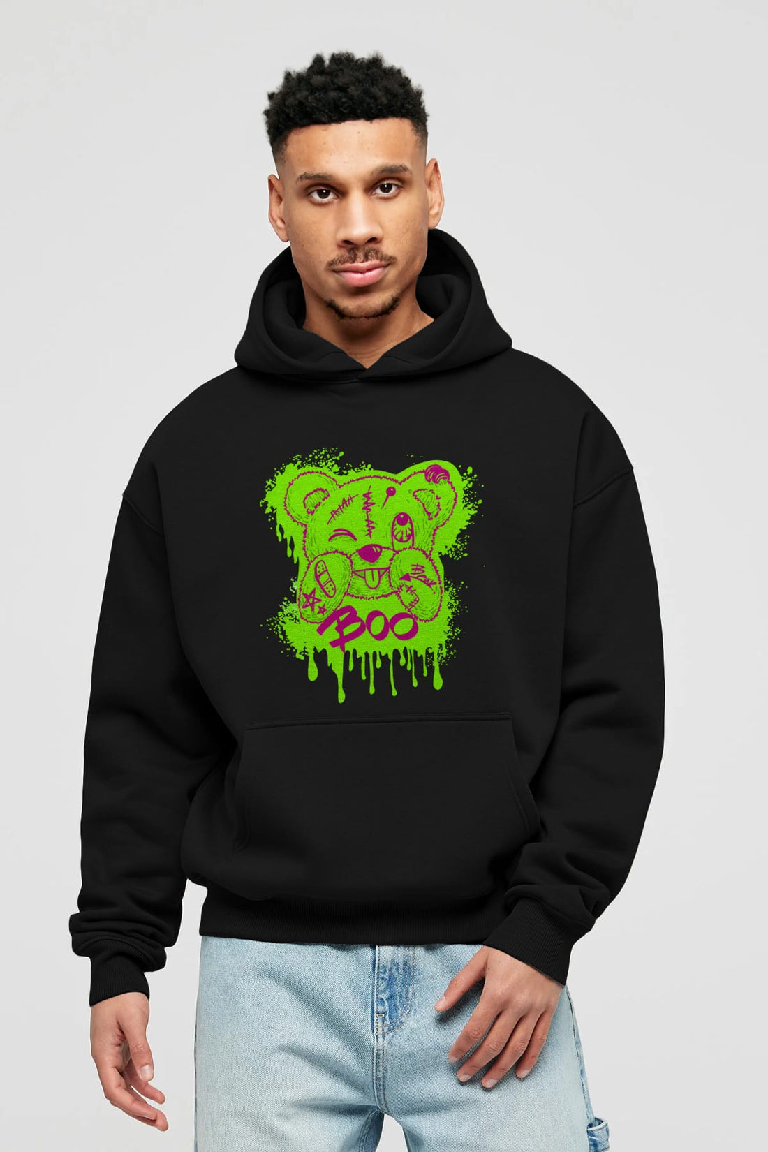 Boo  Bear Ön Baskılı Hoodie Oversize Kapüşonlu Sweatshirt Erkek Kadın Unisex