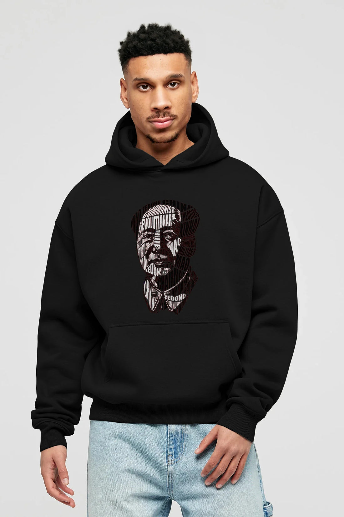 Mao Zedong Calligram Ön Baskılı Hoodie Oversize Kapüşonlu Sweatshirt Erkek Kadın Unisex