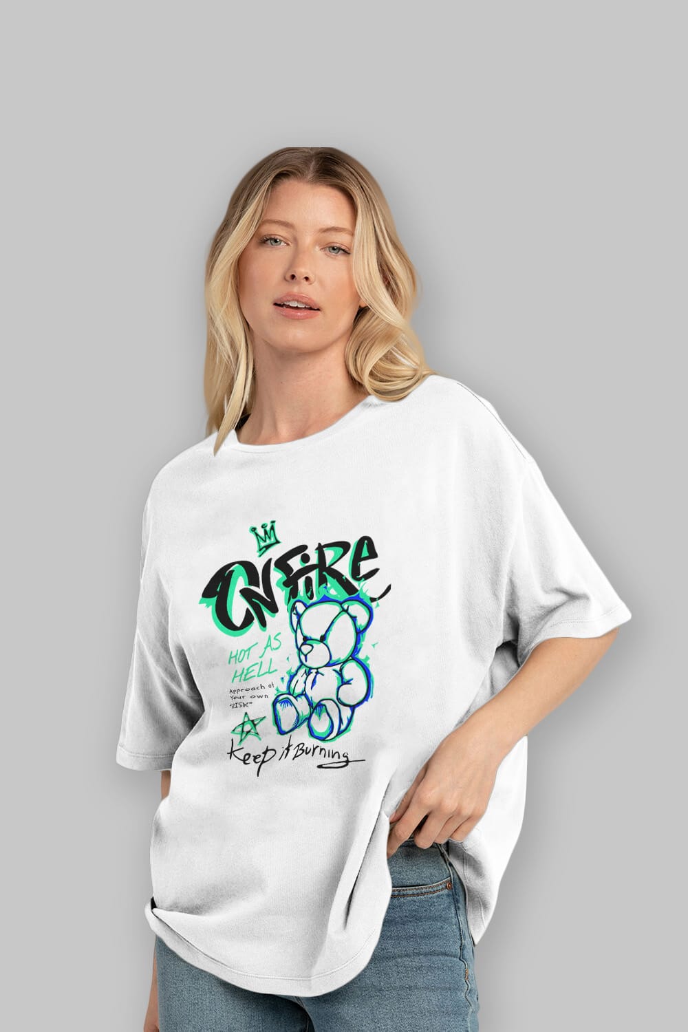 On Fire Bear Ön Baskılı Oversize t-shirt Erkek Kadın Unisex