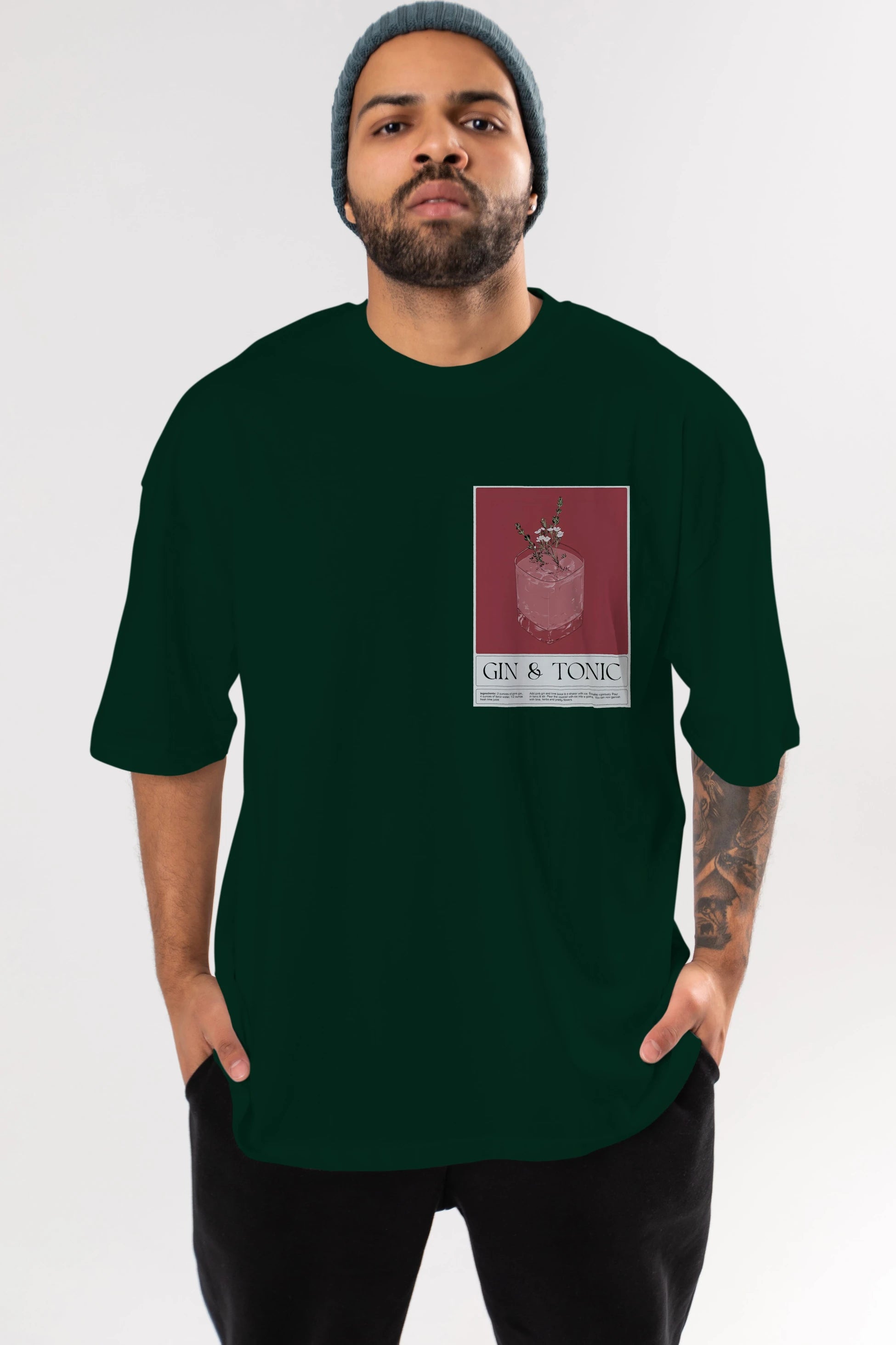 Gin Tonic 4 Ön Sol Baskılı Oversize t-shirt Erkek Kadın Unisex %100 Pamuk Bisiklet Yaka tişort