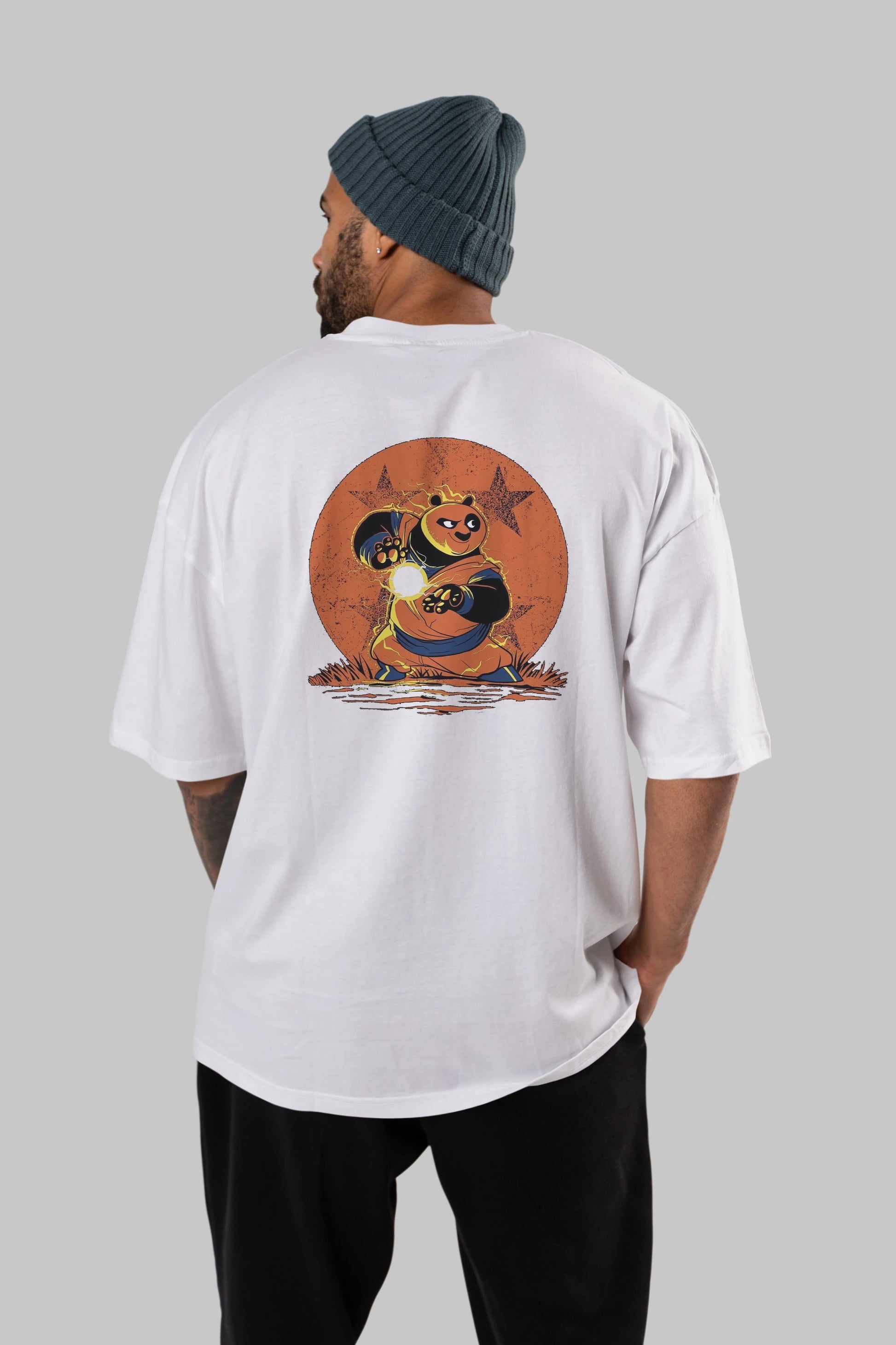 Kung Fu Panda Arka Baskılı Oversize t-shirt Erkek Kadın Unisex %100 Pamuk Bisiklet Yaka tişort