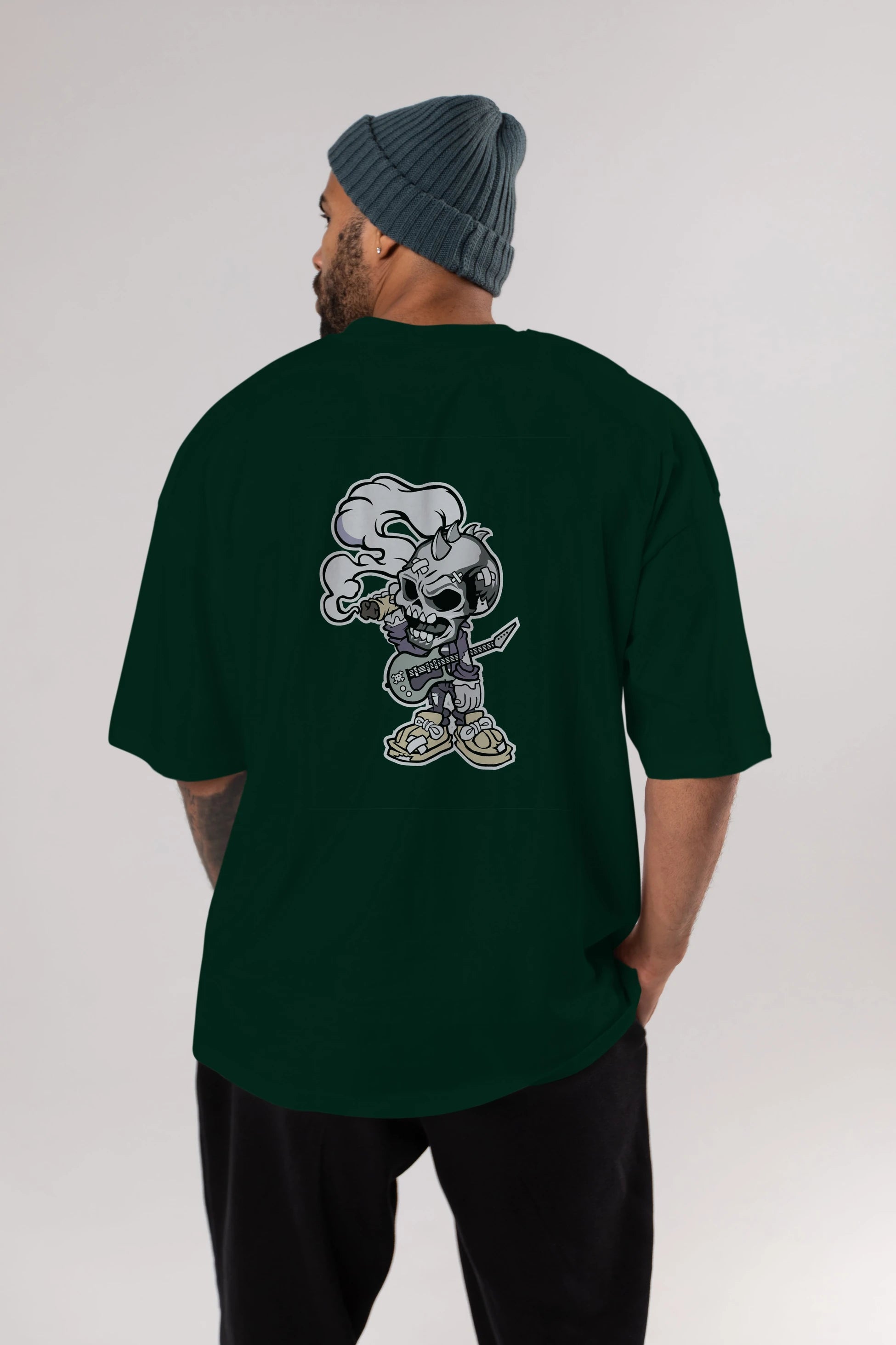 Skull Smoker Punk Rocker Arka Baskılı Oversize t-shirt Erkek Kadın Unisex %100 Pamuk tişort