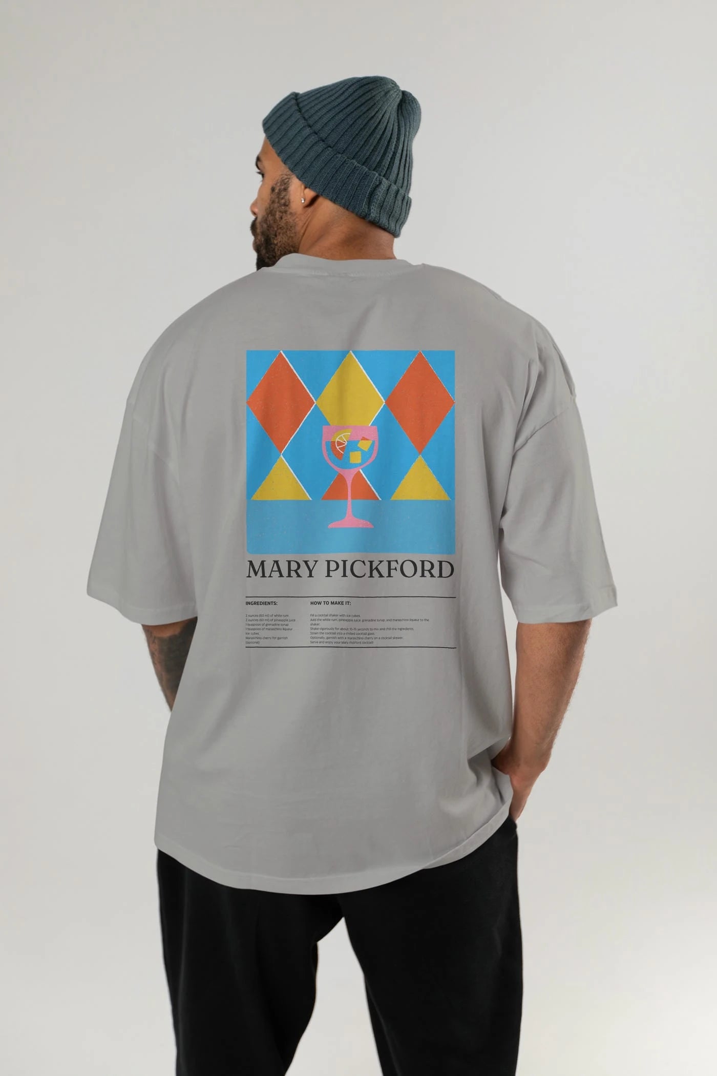 Mary Pickford Kokteyl Serisi Arka Baskılı Oversize t-shirt Erkek Kadın %100 Pamuk Bisiklet Yaka tişort