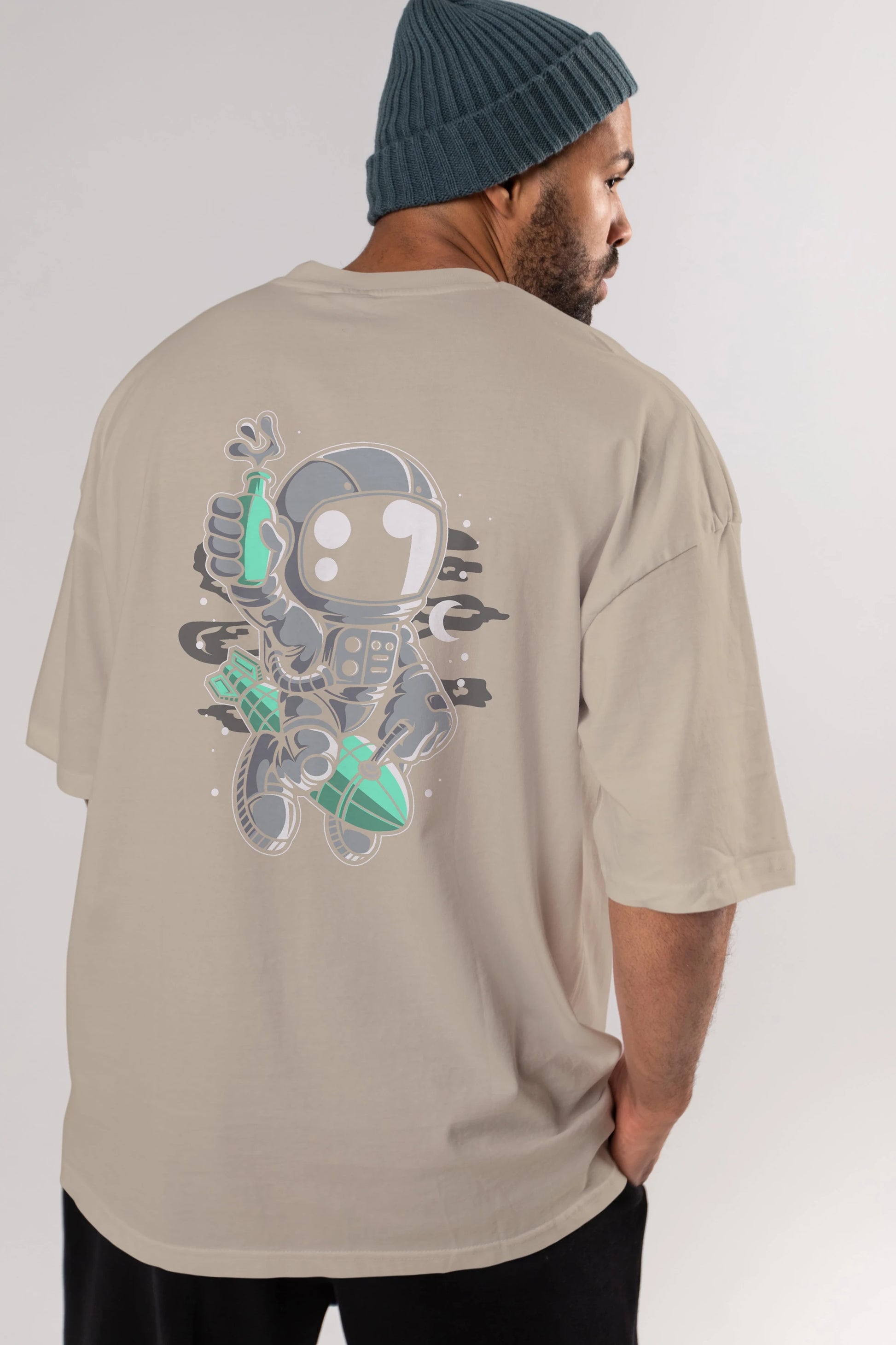 Astronaut Rocket Arka Baskılı Oversize t-shirt Erkek Kadın Unisex