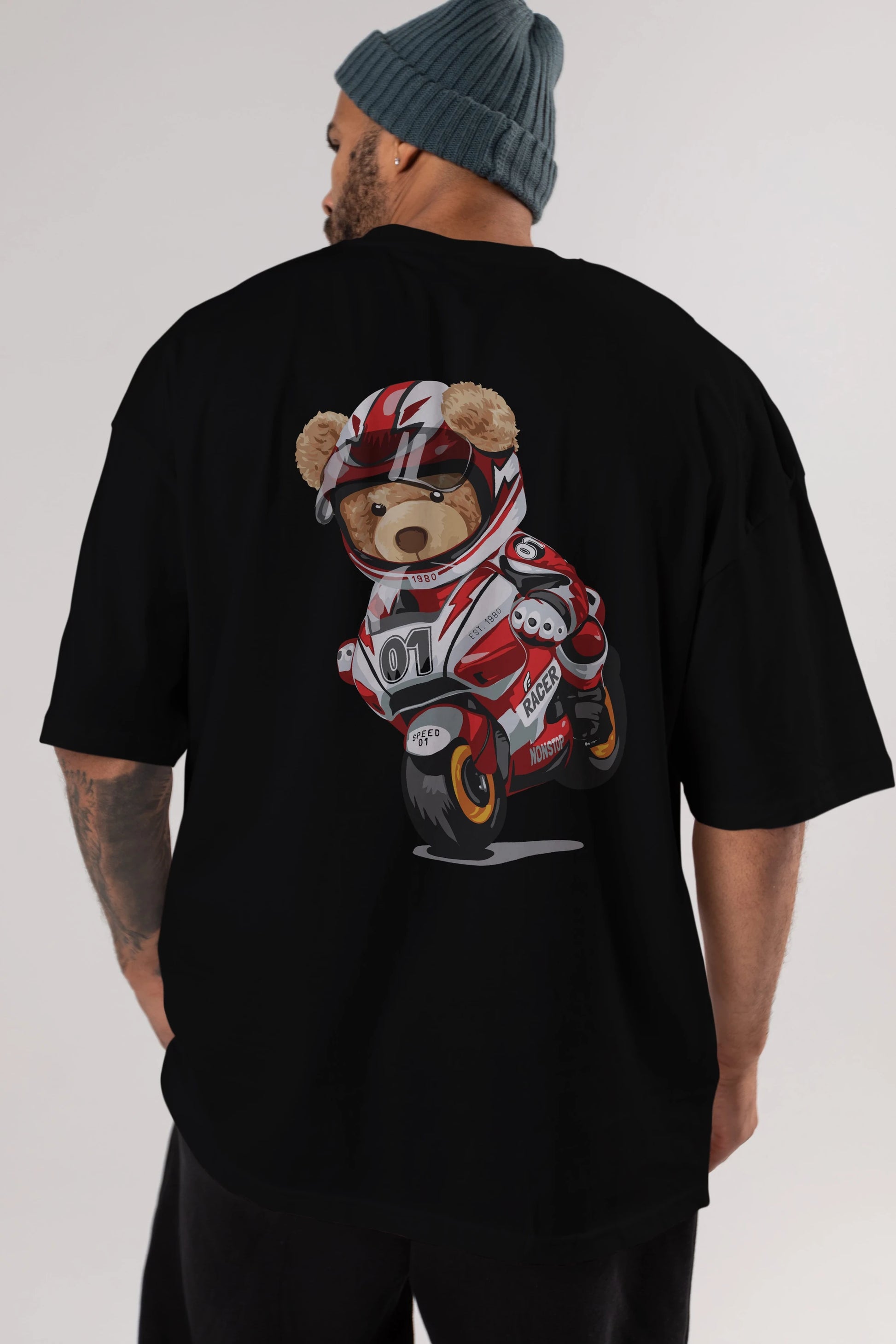 Teddy Bear Racer Arka Baskılı Oversize t-shirt Erkek Kadın Unisex %100 Pamuk