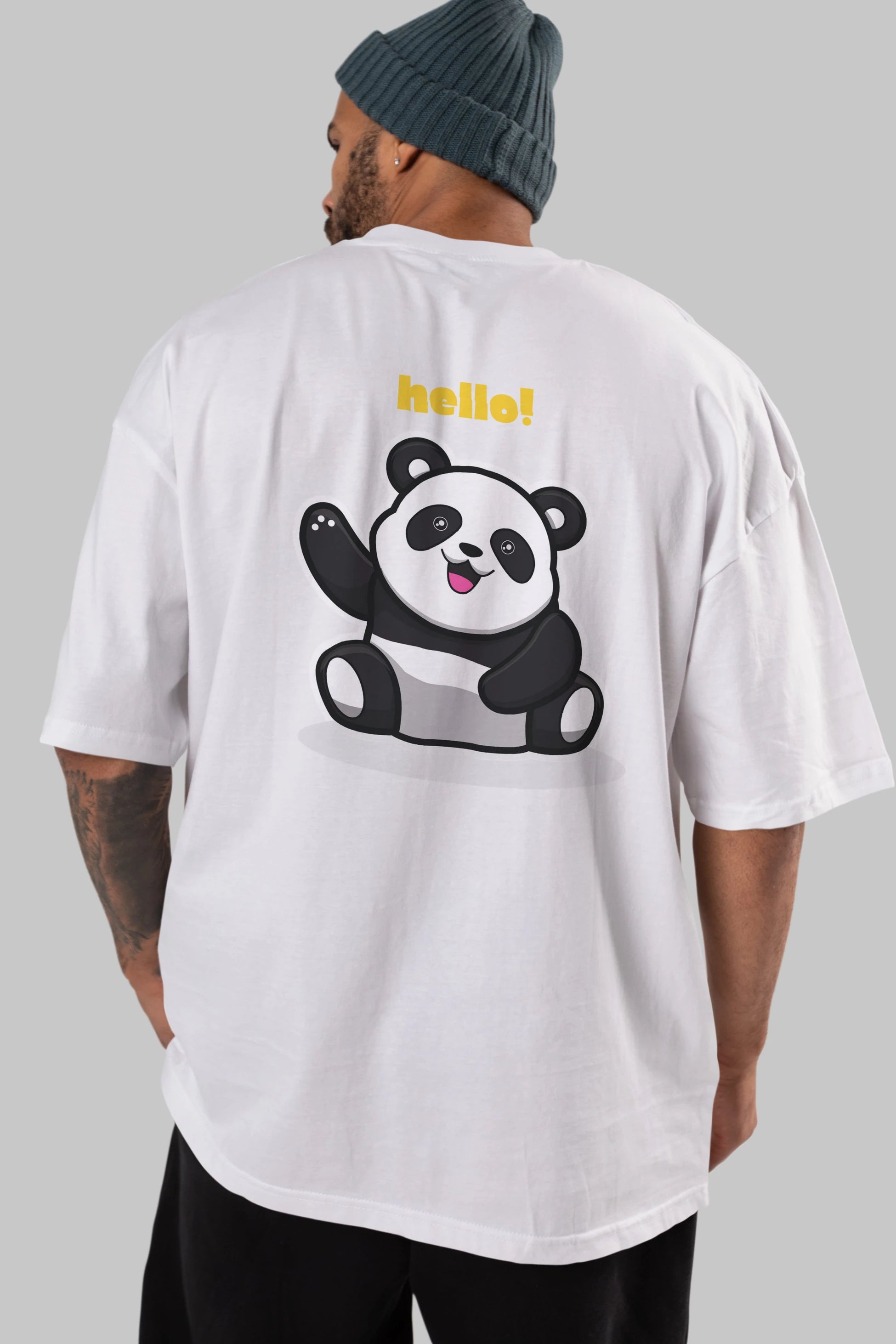 Hello Panda Arka Baskılı Oversize t-shirt Erkek Kadın Unisex