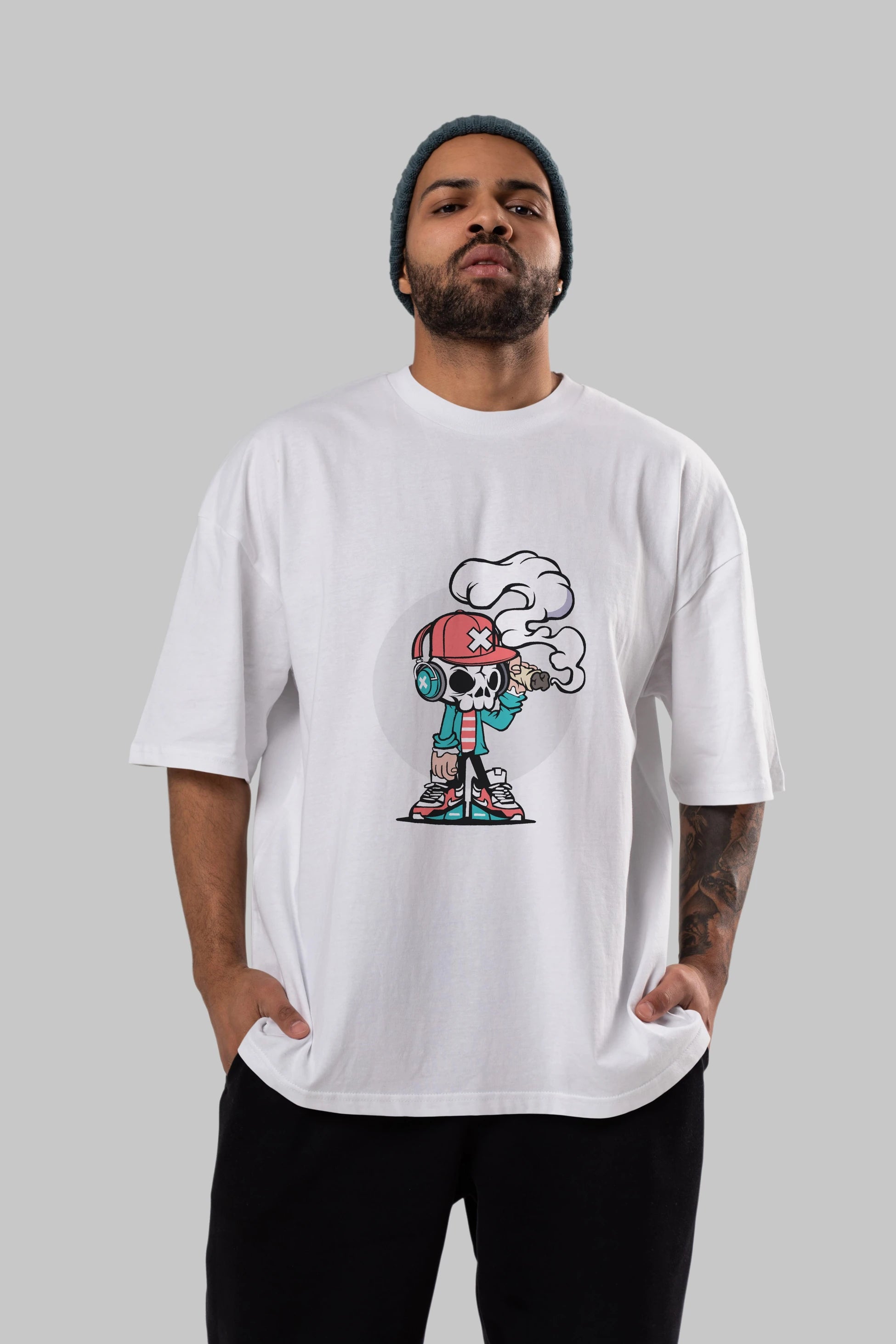 Skull Headphone Ön Baskılı Oversize t-shirt Erkek Kadın Unisex %100 Pamuk tişort