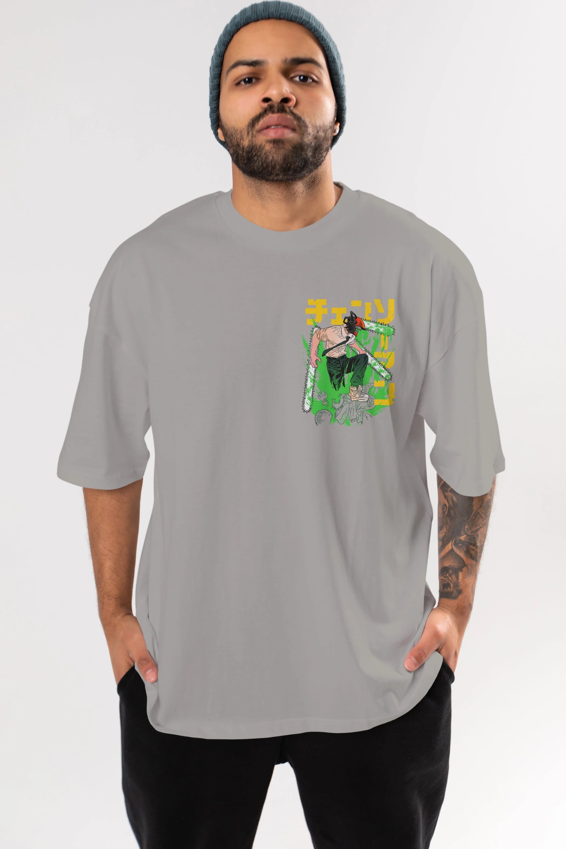 CHAINSAWMAN DENJI Ön Sol Baskılı Oversize t-shirt Erkek Kadın Unisex %100 Pamuk Bisiklet Yaka tişort