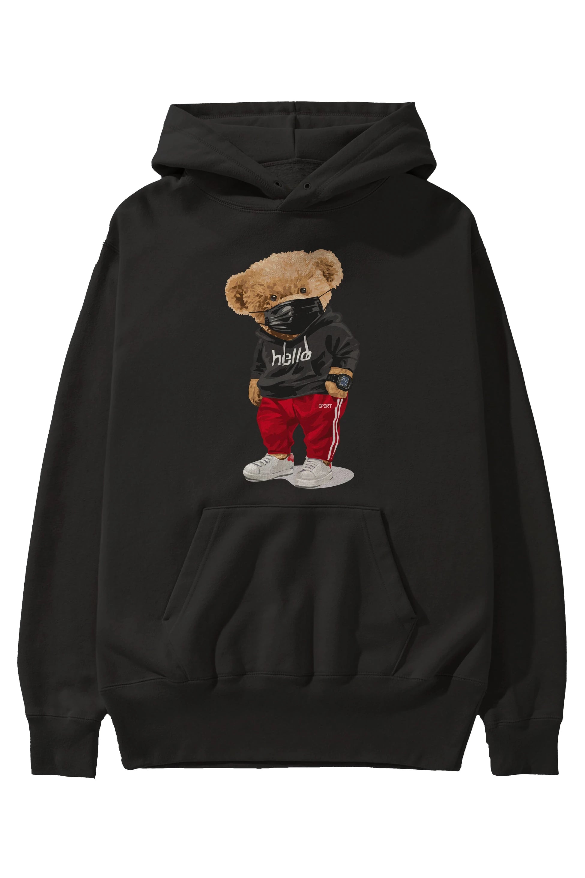 Teddy Bear Hello Sport Ön Baskılı Hoodie Oversize Kapüşonlu Sweatshirt Erkek Kadın Unisex