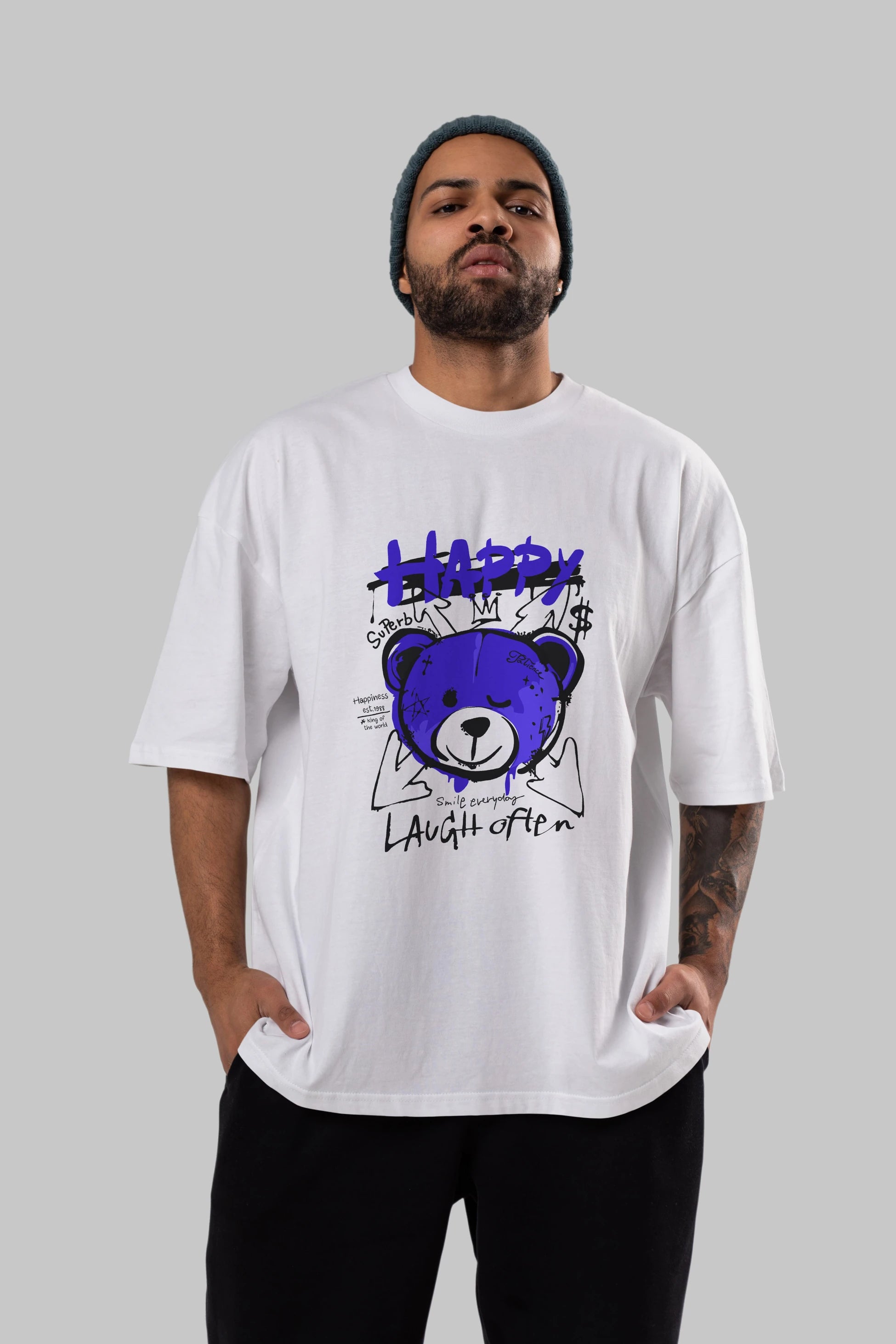 Happy Bear Ön Baskılı Oversize t-shirt Erkek Kadın Unisex