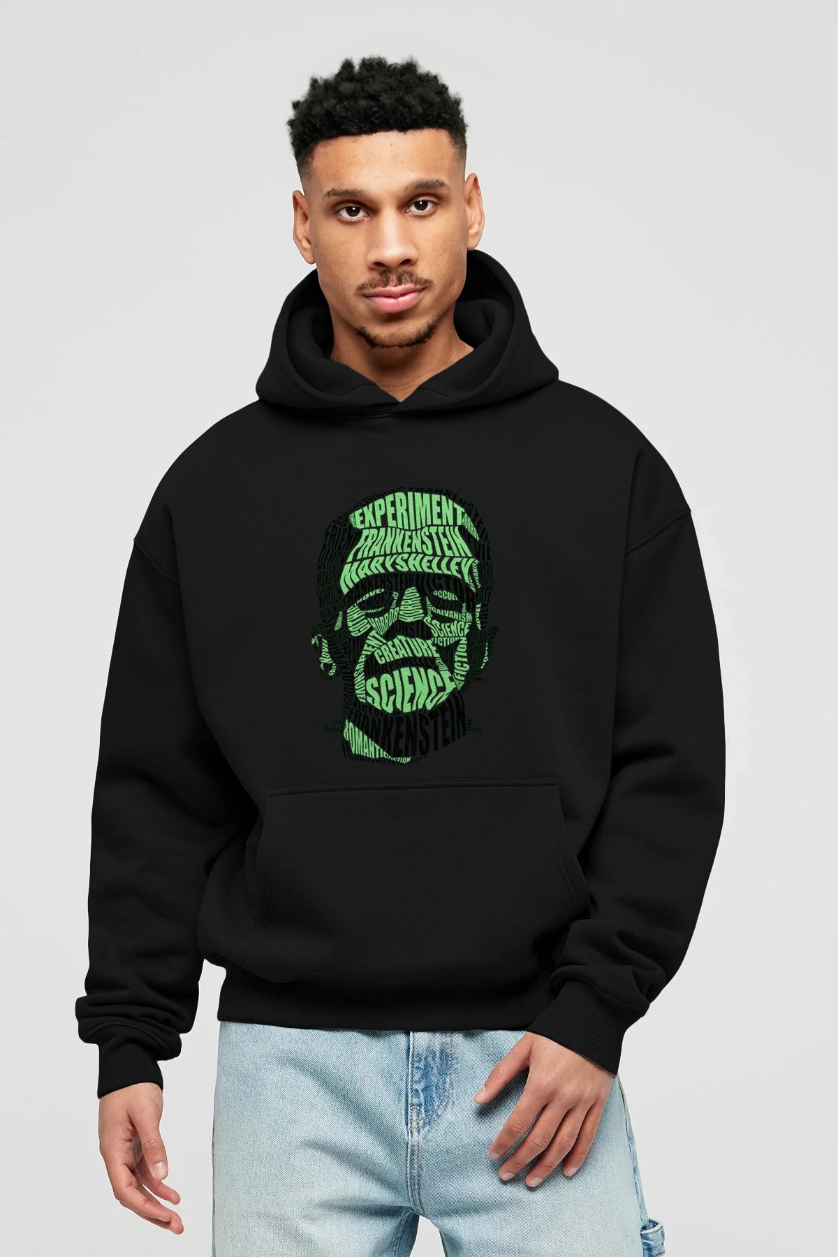 Frankenstein Calligram Ön Baskılı Hoodie Oversize Kapüşonlu Sweatshirt Erkek Kadın Unisex