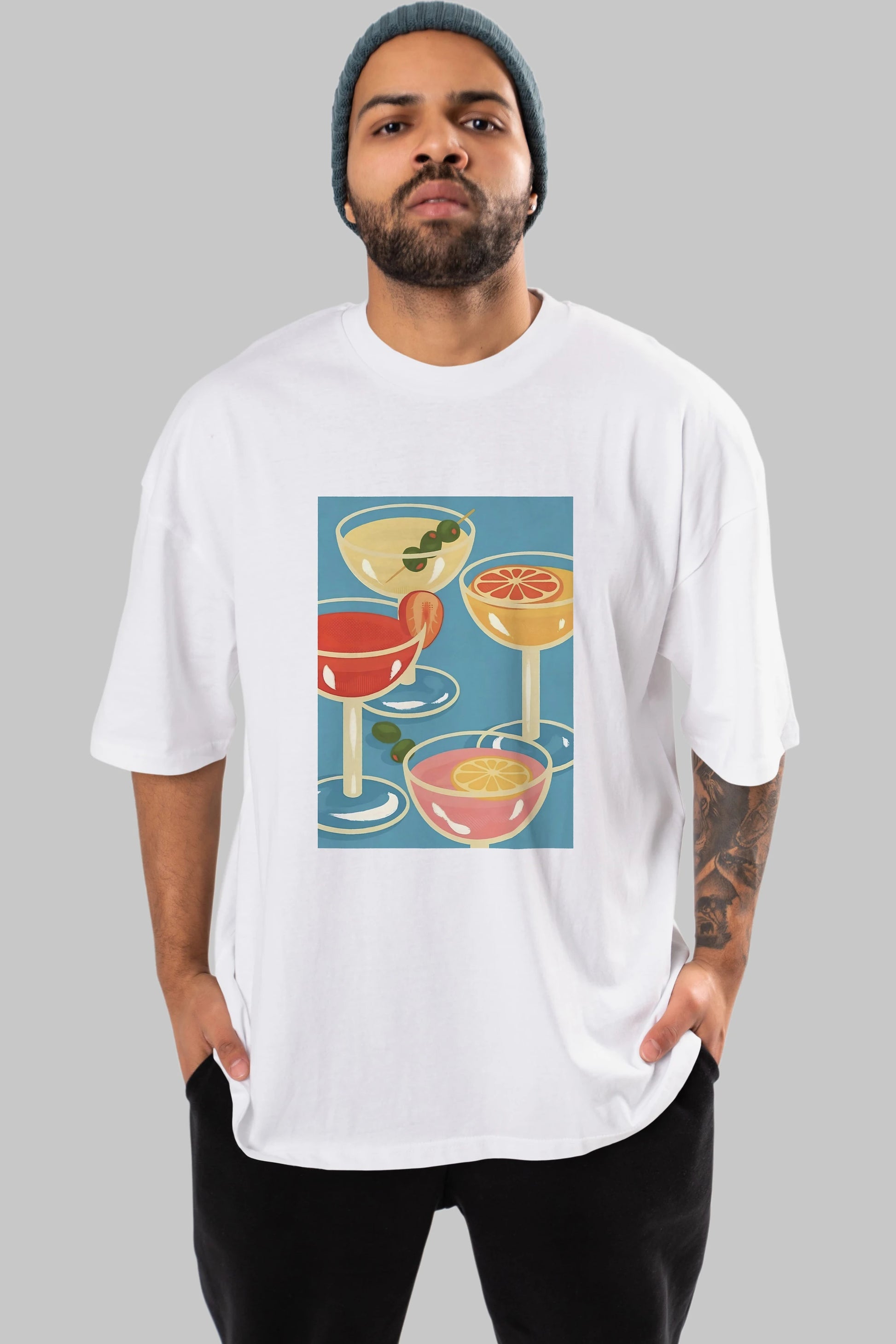 Cocktails Ön Baskılı Oversize t-shirt Erkek Kadın Unisex %100 Pamuk Bisiklet Yaka tişort