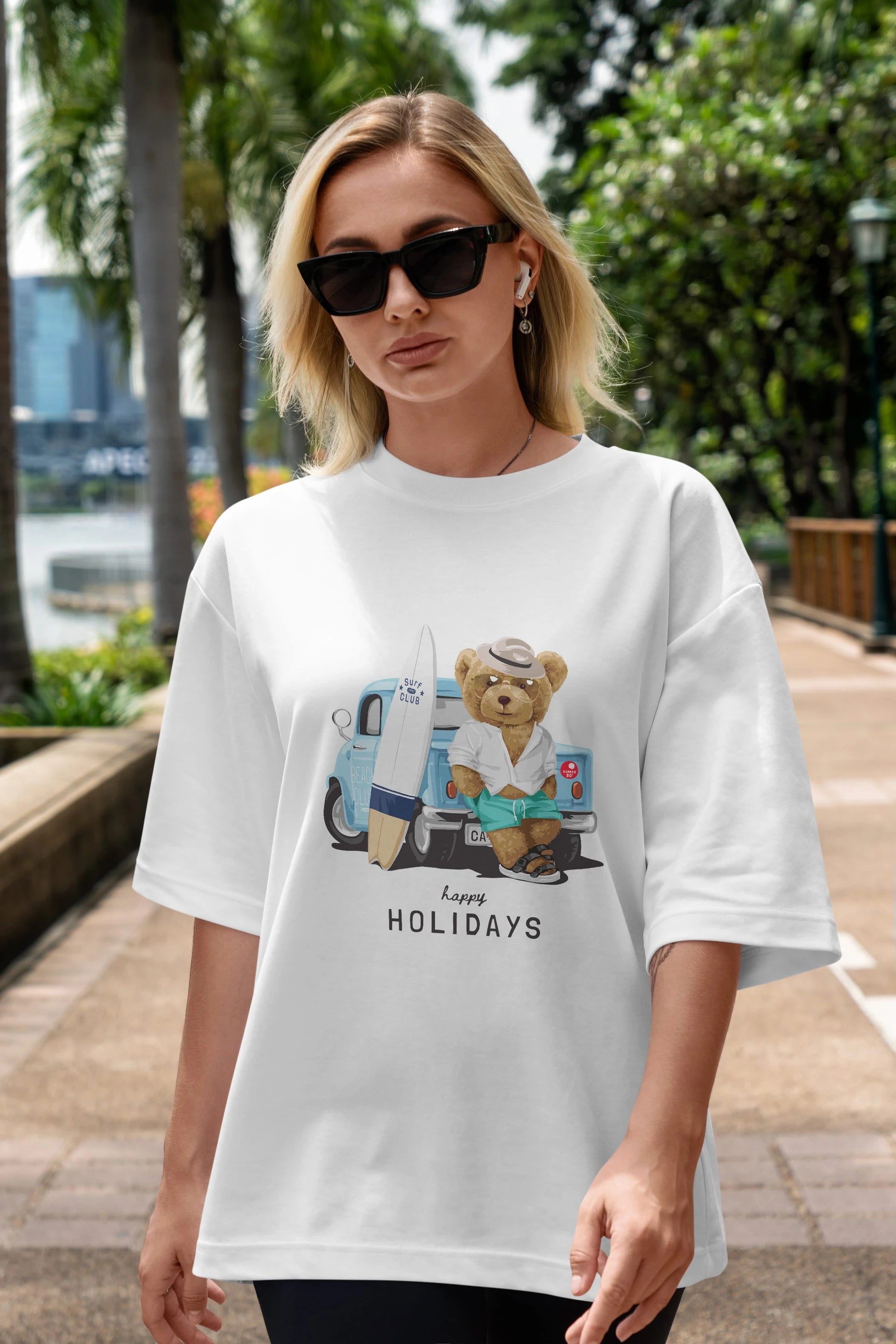 Teddy Bear Surf Club Ön Baskılı Oversize t-shirt Erkek Kadın Unisex %100 Pamuk