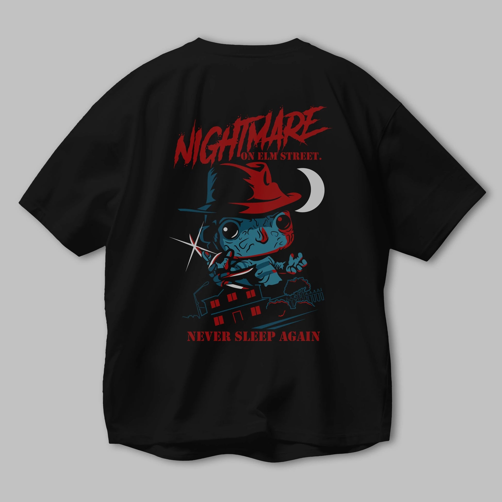 Nightmare Elm Sokağı Arka Baskılı Oversize t-shirt Erkek Kadın Unisex %100 Pamuk Bisiklet Yaka tişort