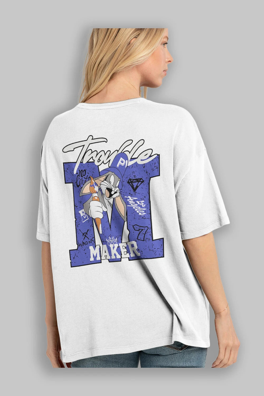 Bugs Bunny Arka Baskılı Oversize t-shirt Erkek Kadın Unisex %100 Pamuk Bisiklet Yaka tişort