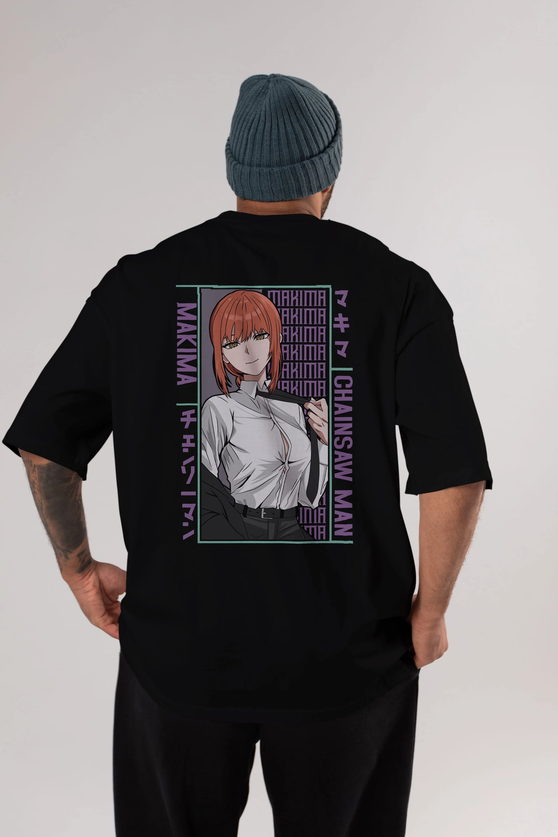 Makima Chain Saw Man Anime Arka Baskılı Oversize t-shirt Erkek Kadın Unisex