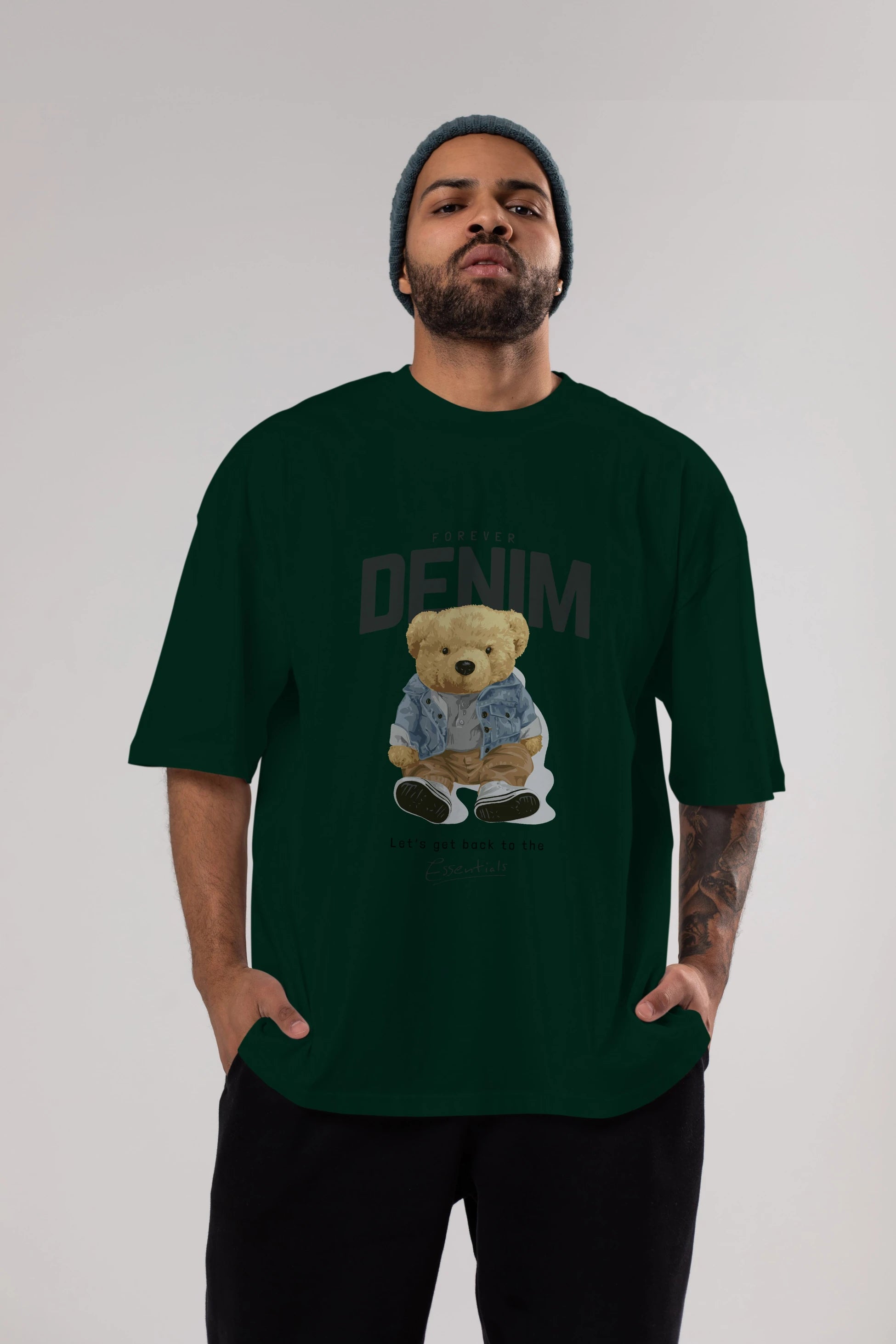 Teddy Bear Forever Denim Ön Baskılı Oversize t-shirt Erkek Kadın Unisex %100 Pamuk