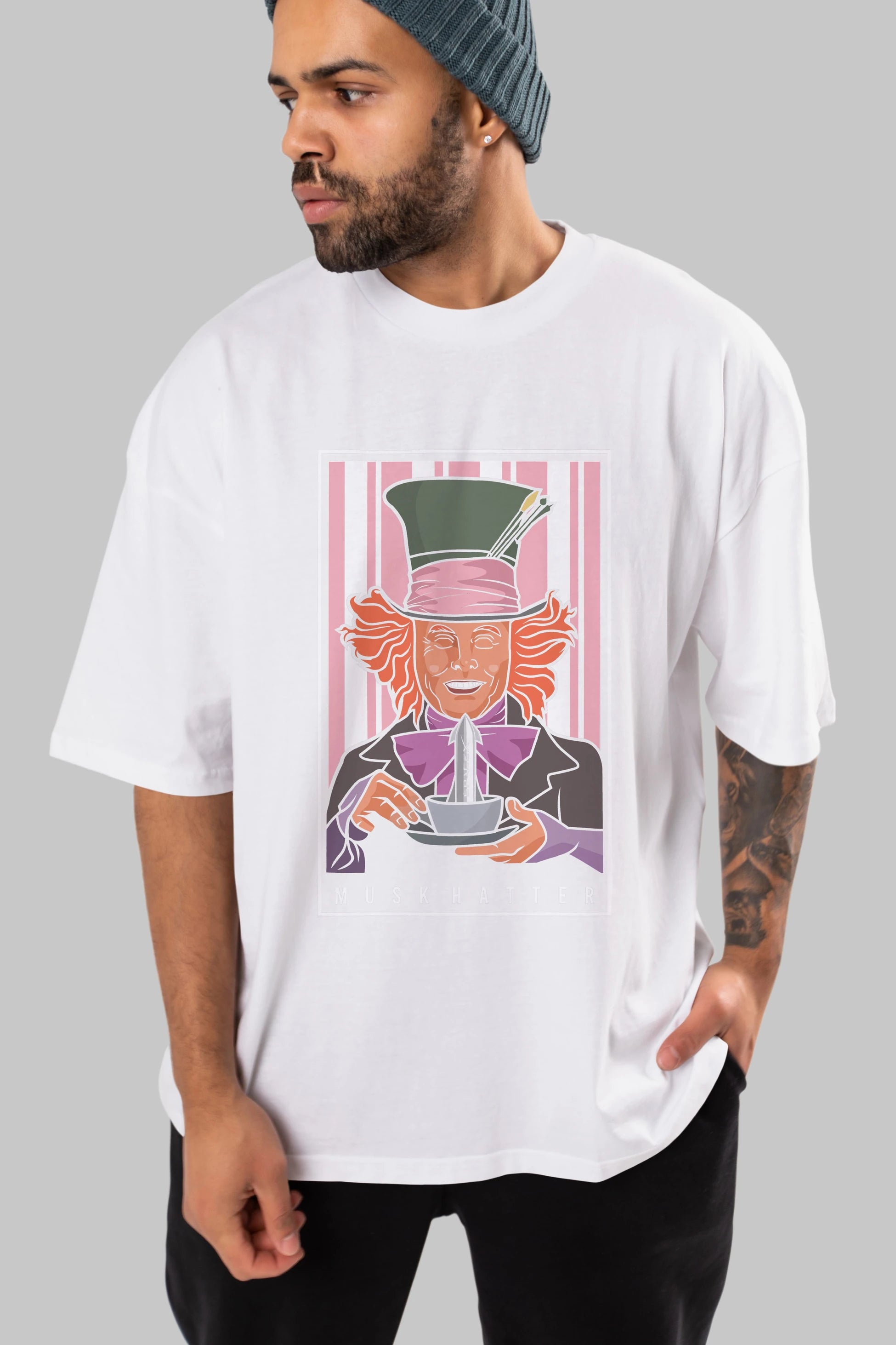 Mad Hatter Elon Musk Ön Baskılı Oversize t-shirt Erkek Kadın Unisex %100 Pamuk tişort