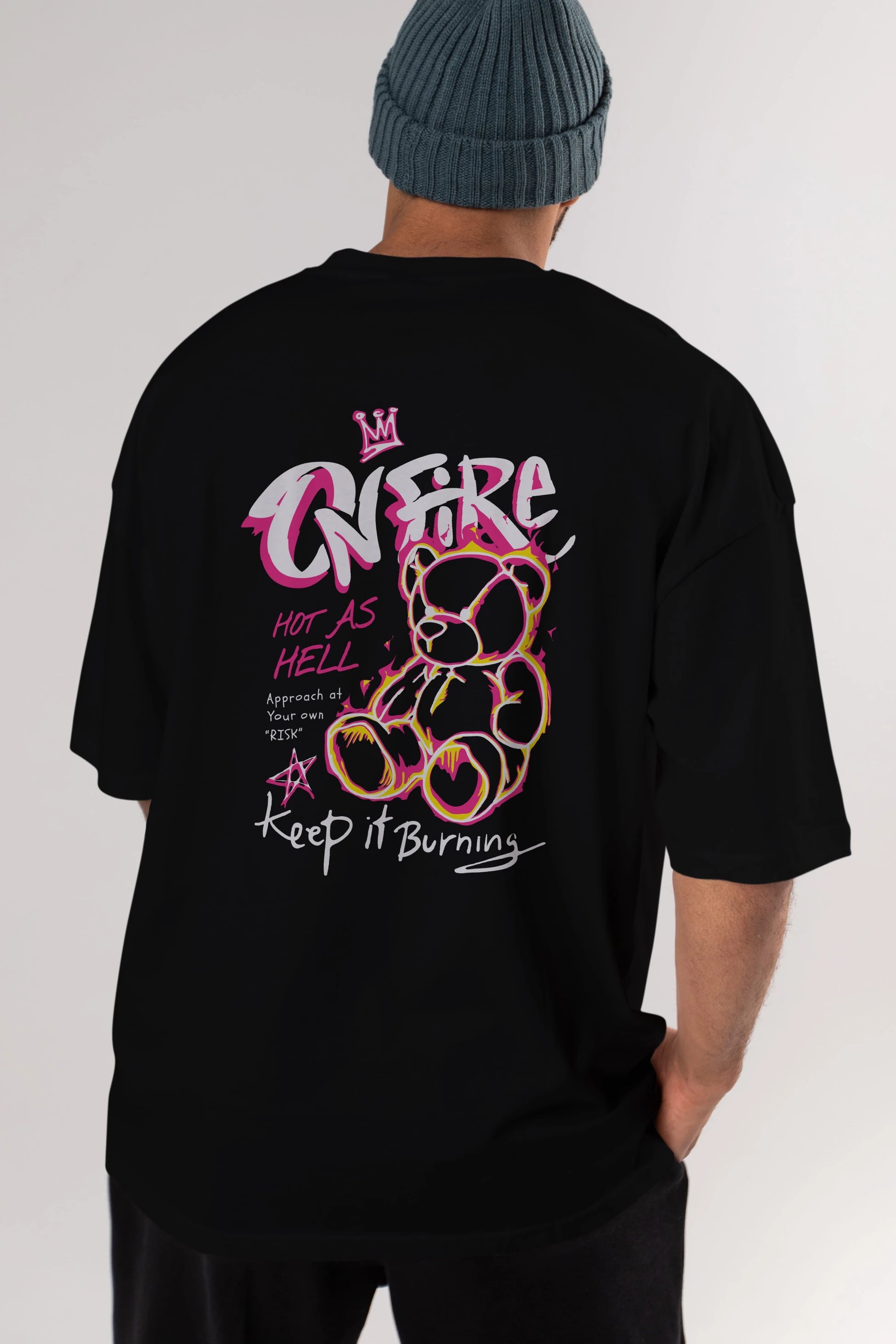 On Fire Bear Arka Baskılı Oversize t-shirt Erkek Kadın Unisex