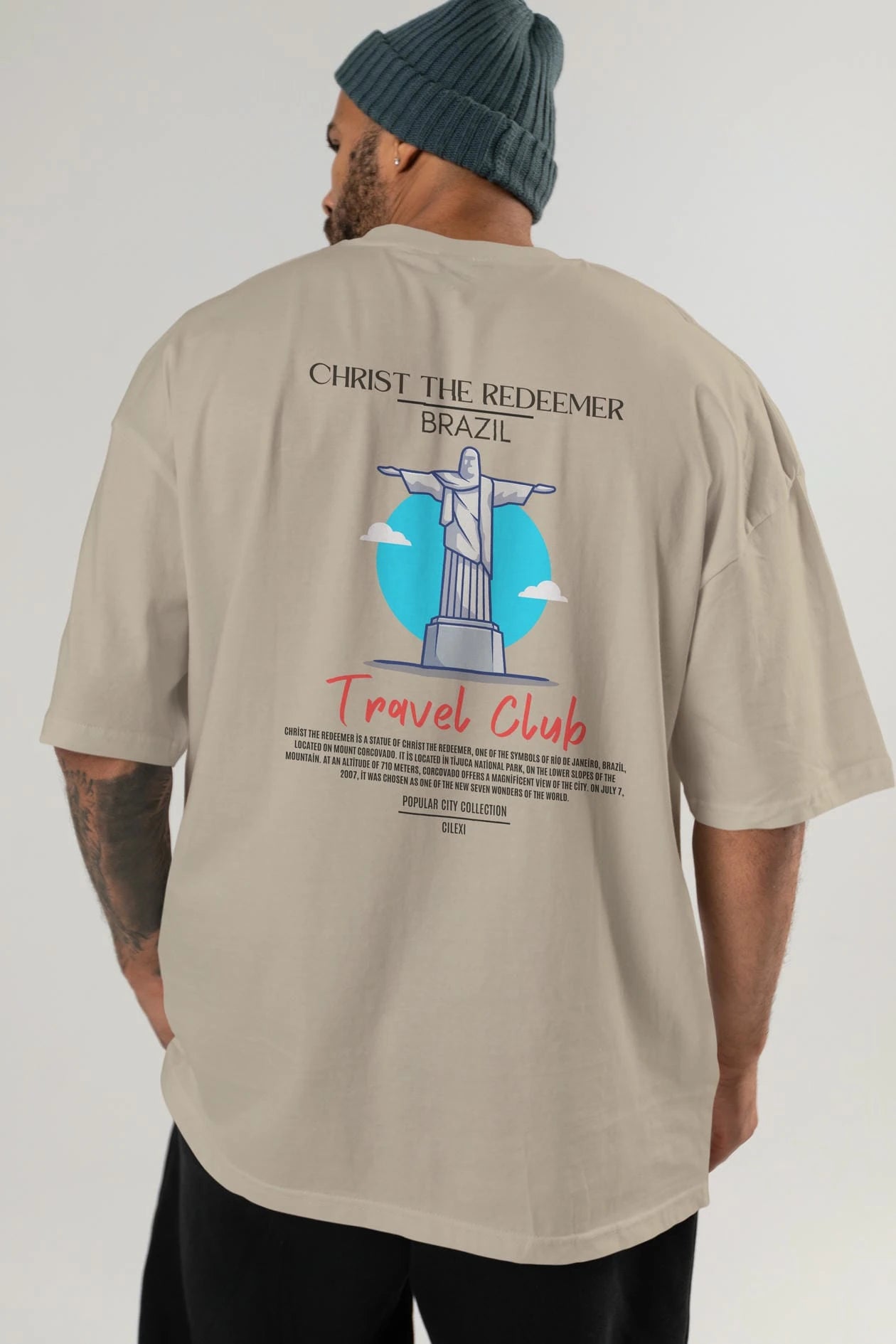 Christ The Redeemer Brazil Arka Baskılı Oversize t-shirt Erkek Kadın Pamuk Bisiklet Yaka tişort