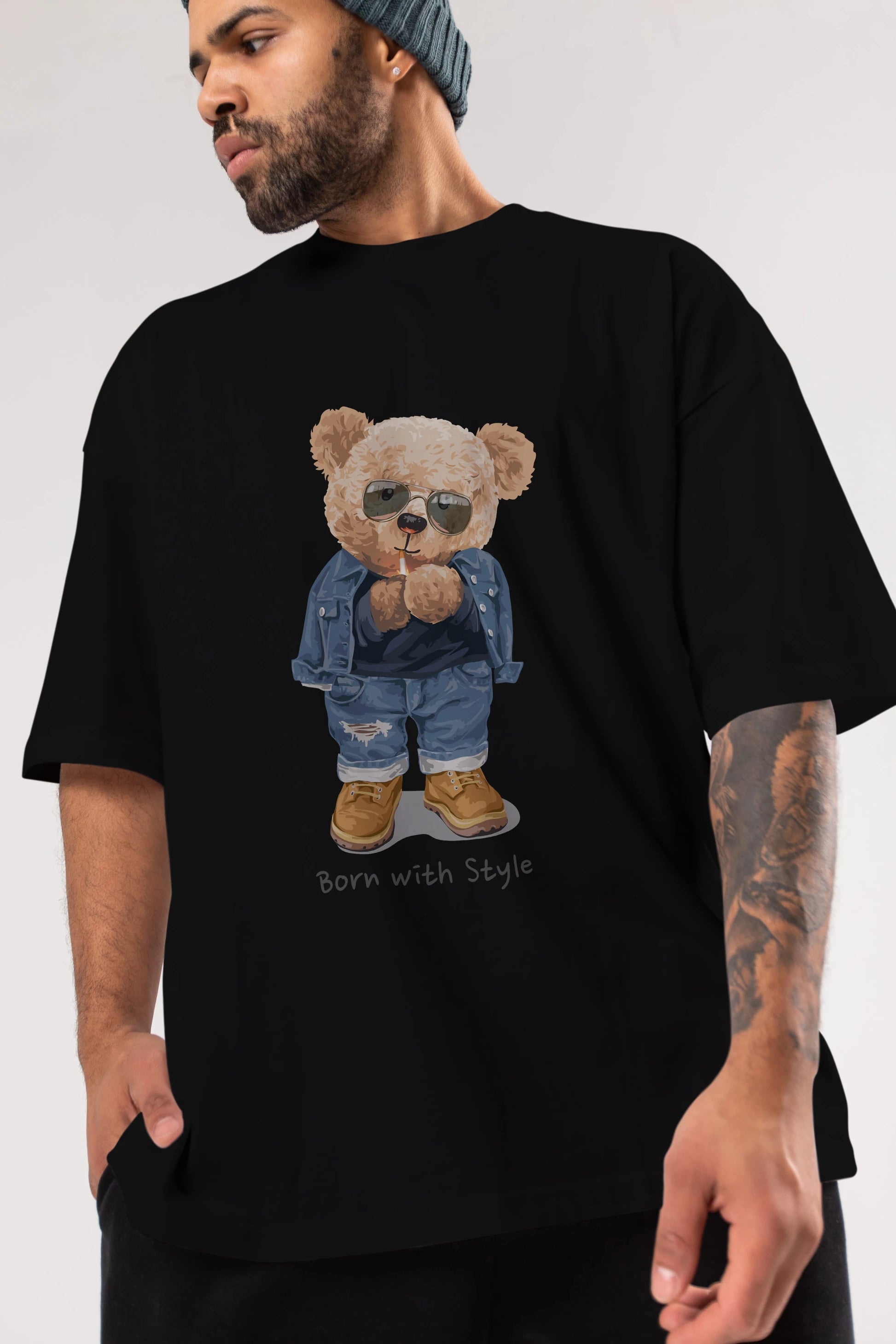Teddy Bear Born With Style Ön Baskılı Oversize t-shirt Erkek Kadın Unisex %100 Pamuk