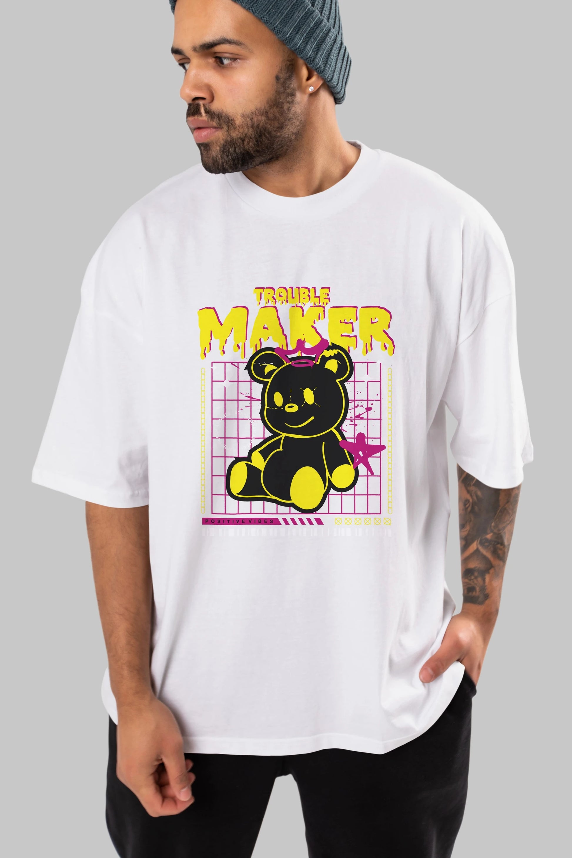 Teddy Bear Trouble Maker Ön Baskılı Oversize t-shirt Erkek Kadın Unisex