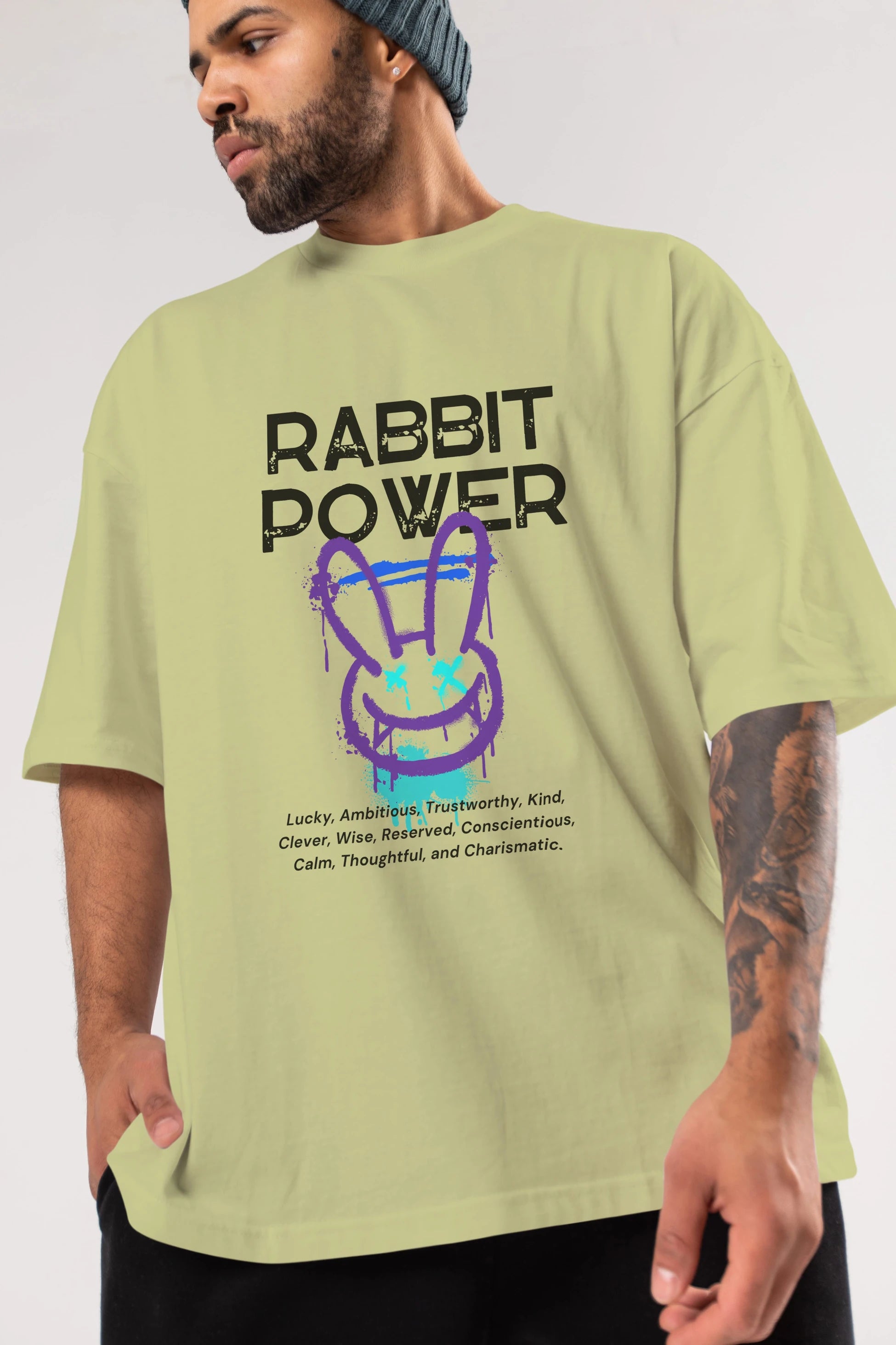 Rabbit Power Yazılı Ön Baskılı Oversize t-shirt Erkek Kadın Unisex
