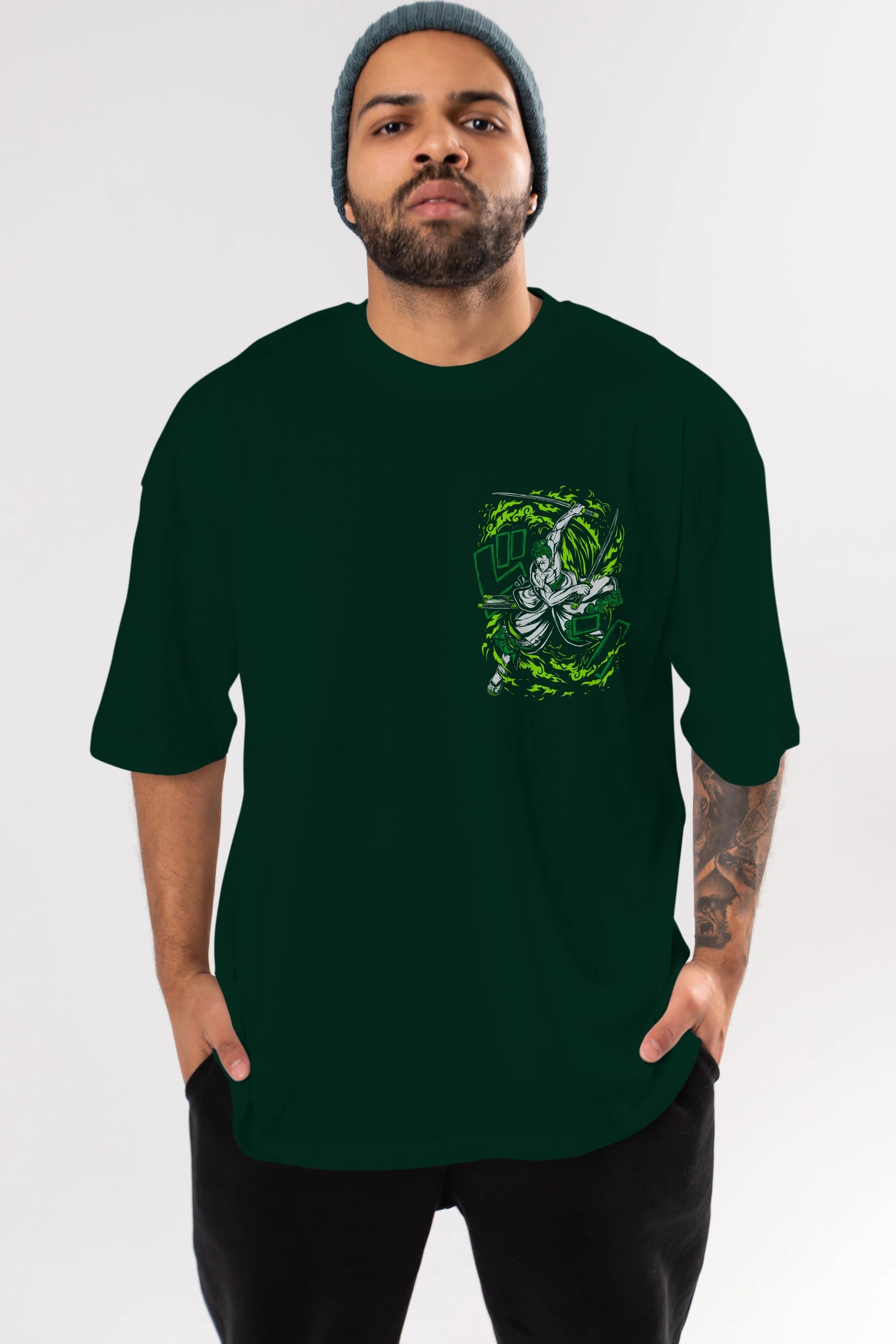 ZORO-ONE PIECE (2) Ön Sol Baskılı Oversize t-shirt Erkek Kadın Unisex %100 Pamuk Bisiklet Yaka tişort