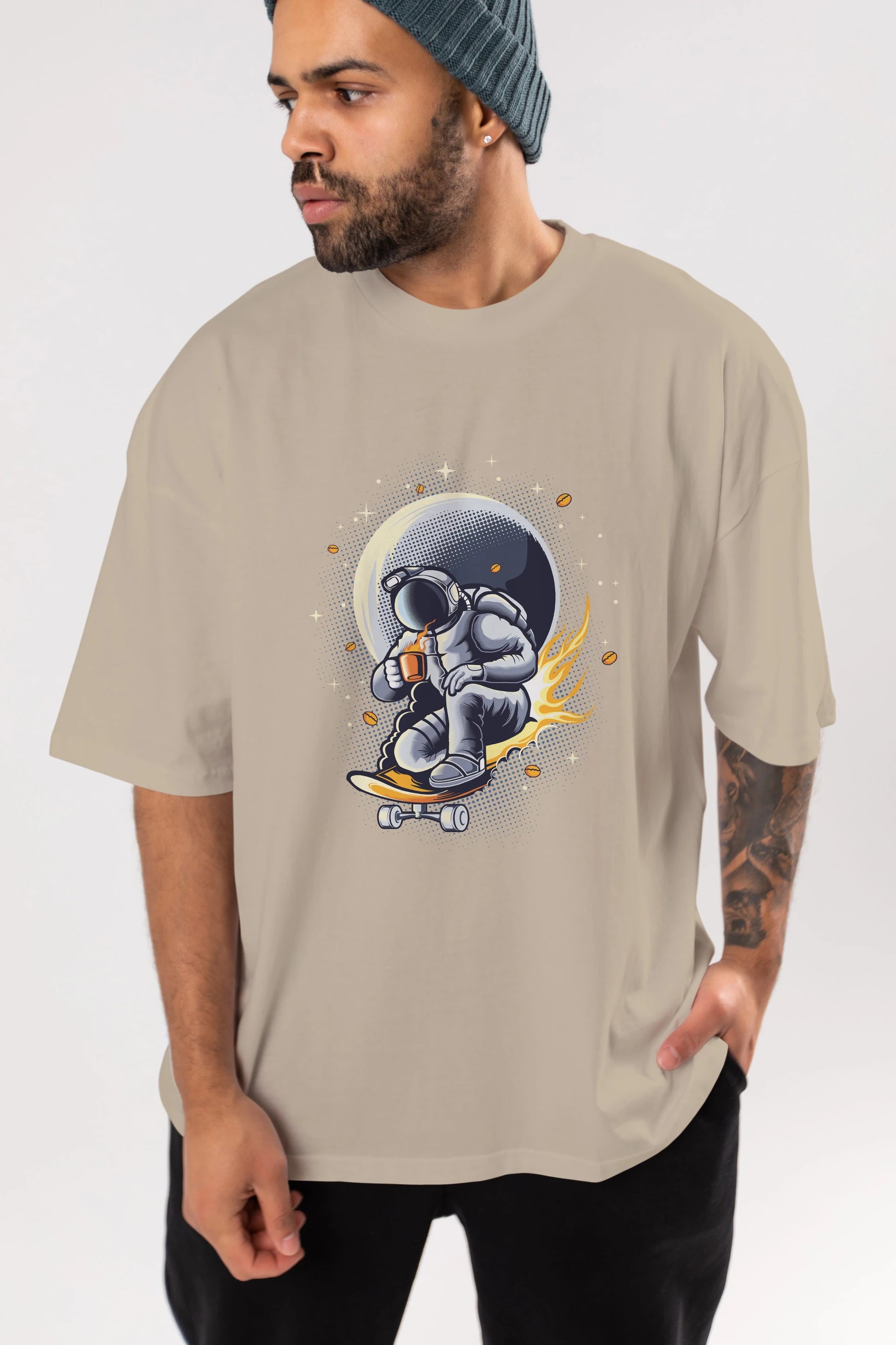 Astro Coffee Addict Ön Baskılı Oversize t-shirt Erkek Kadın Unisex