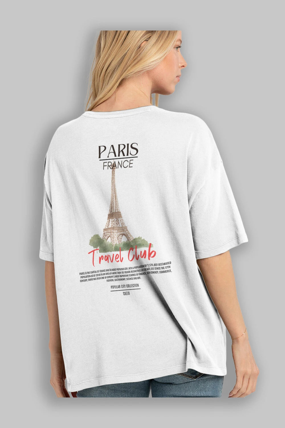 Paris France Arka Baskılı Oversize t-shirt Erkek Kadın Pamuk Bisiklet Yaka tişort