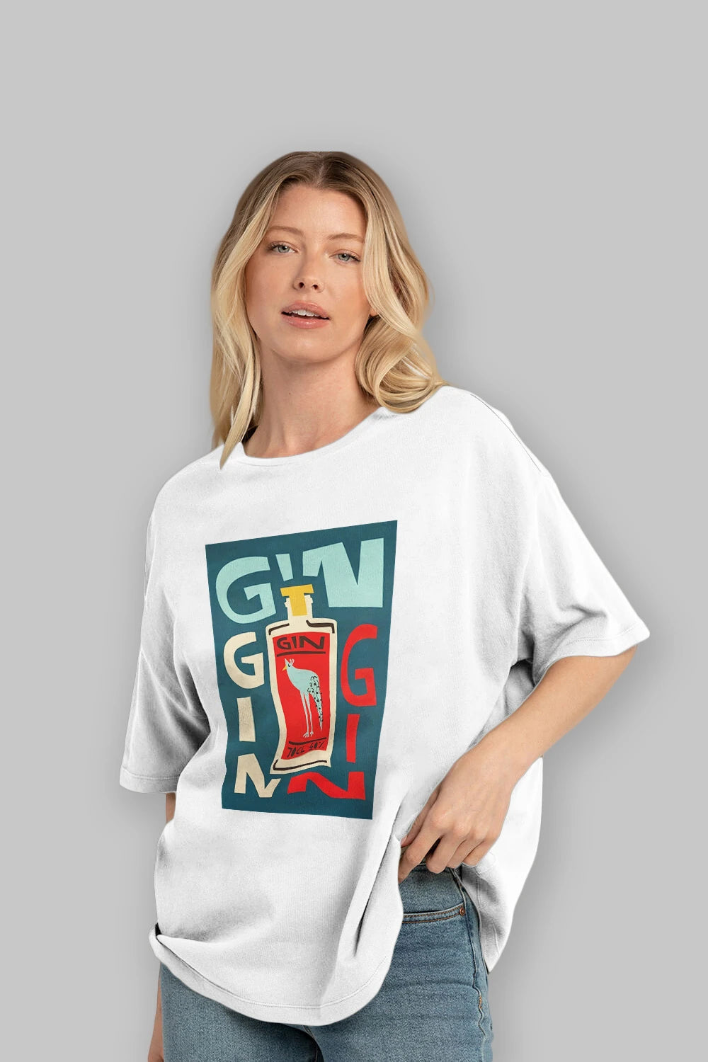 Gin 2 Ön Baskılı Oversize t-shirt Erkek Kadın Unisex %100 Pamuk Bisiklet Yaka tişort