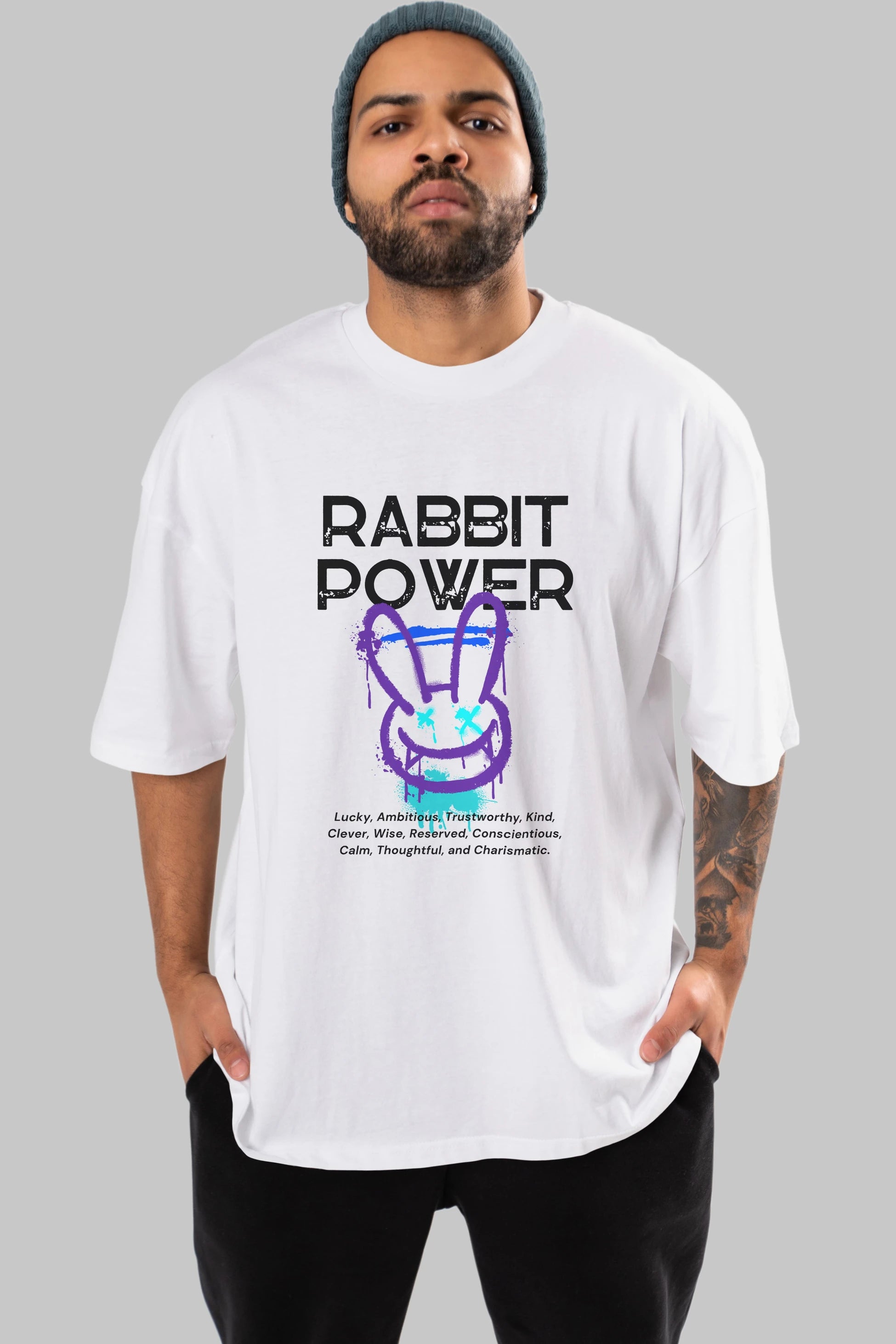 Rabbit Power Yazılı Ön Baskılı Oversize t-shirt Erkek Kadın Unisex