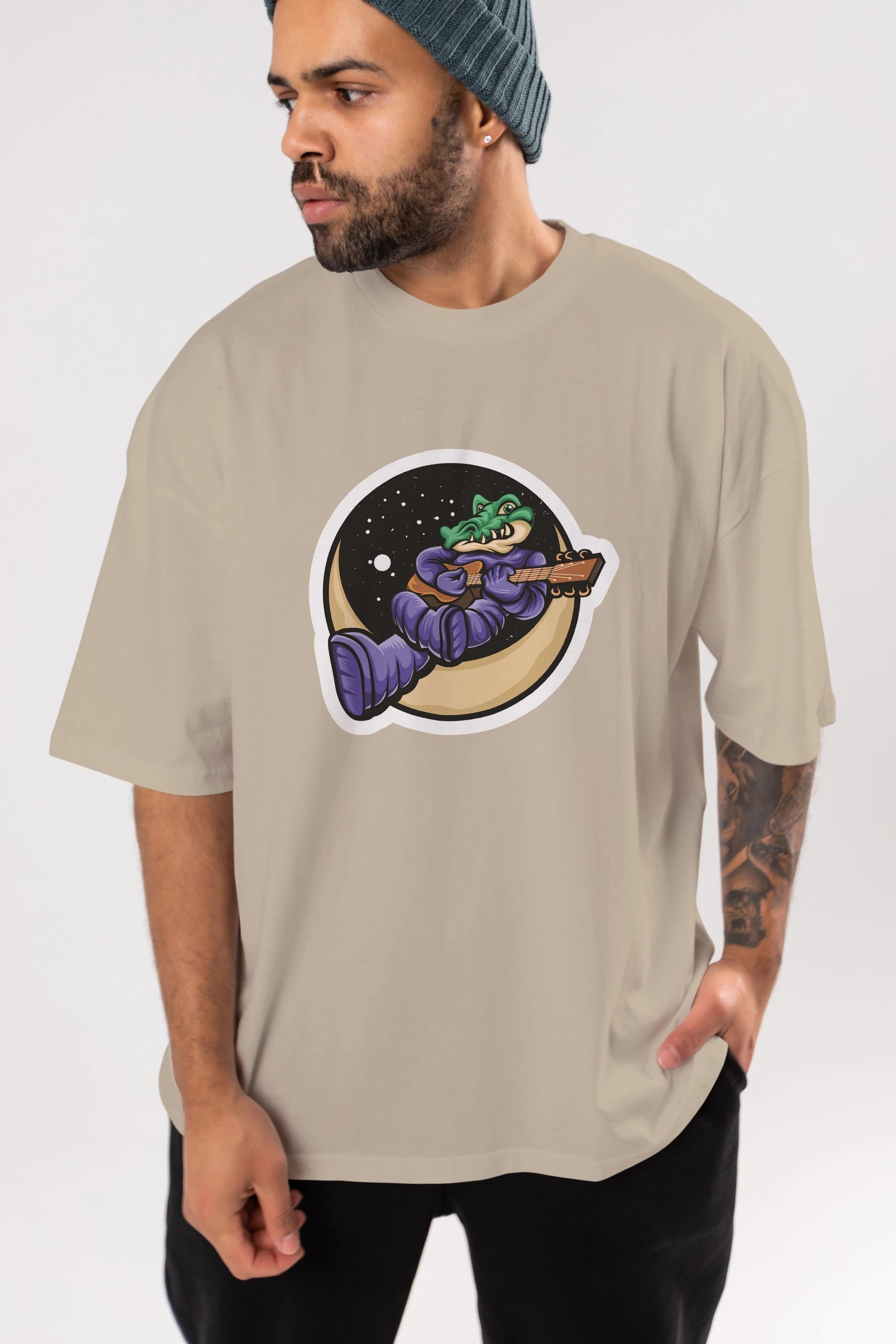 Space Crocodile Sticker Ön Baskılı Oversize t-shirt Erkek Kadın Unisex